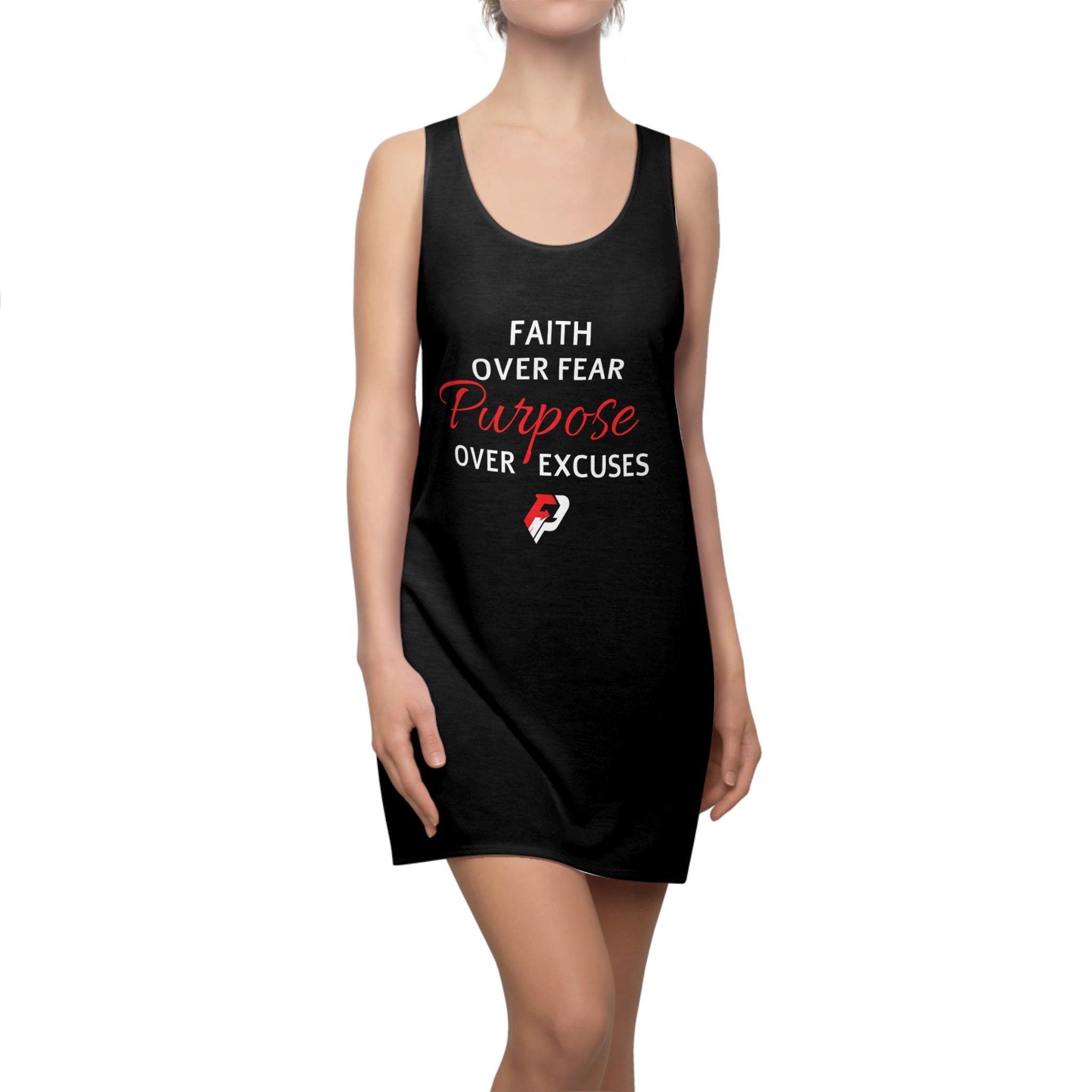 Faith Over Fear Racerback Dress — Purpose Over Excuses All-Over Print