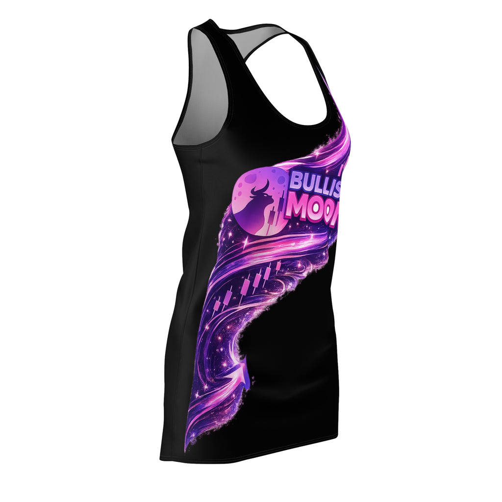 "Bullish Moon" Black Racerback Dress — Purple Cosmic Graphic Dress