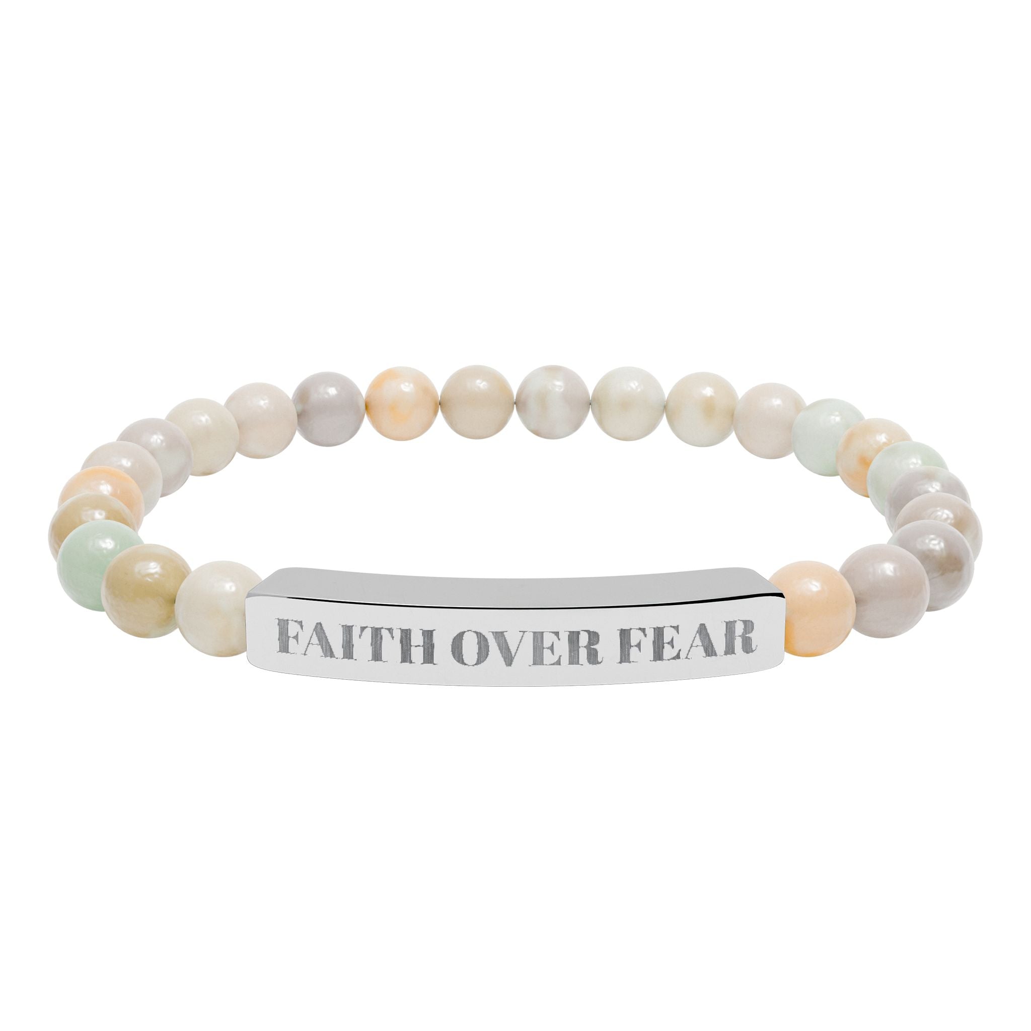 "Faith Over Fear" Engraved Natural Stone Stretch Bracelet — Bar Bead Bracelet