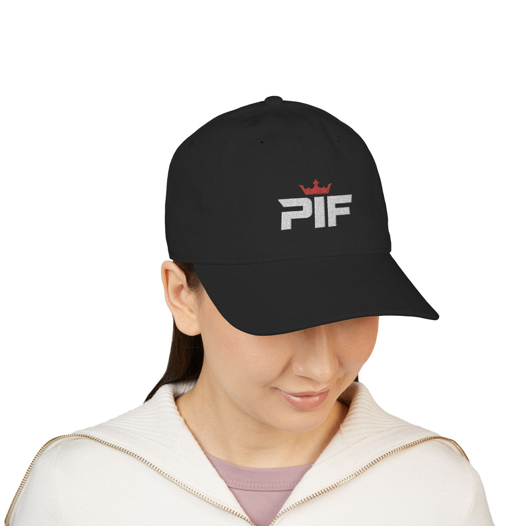 PIF Distressed Logo Embroidered Baseball Cap — Organic Cotton, Crown Accent