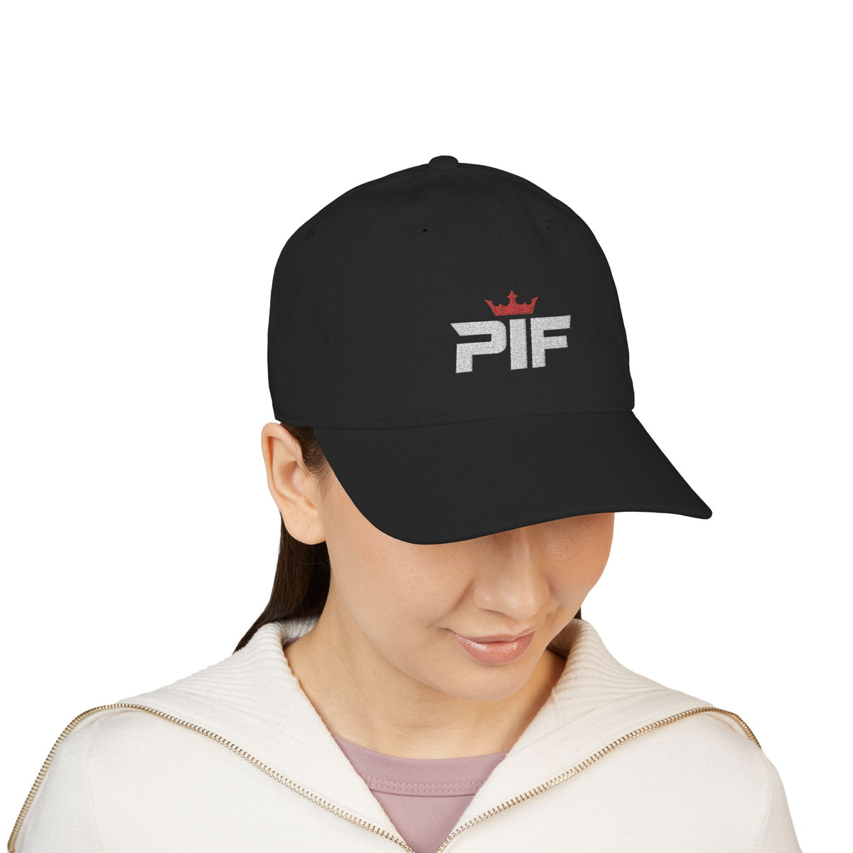 PIF Distressed Logo Embroidered Baseball Cap — Organic Cotton, Crown Accent