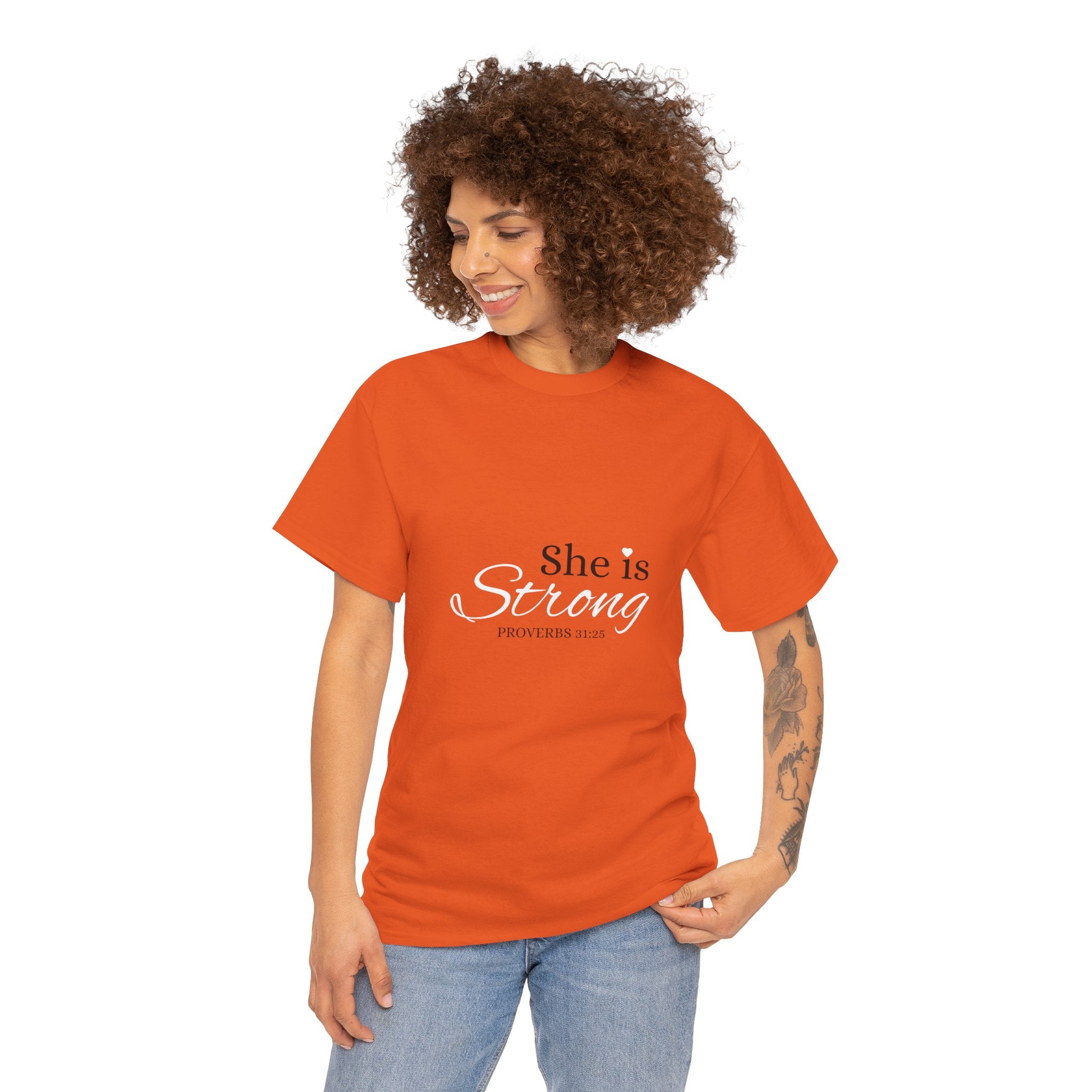 She Is Strong T-Shirt — Inspirational Christian Scripture Tee (Proverbs 31:25)