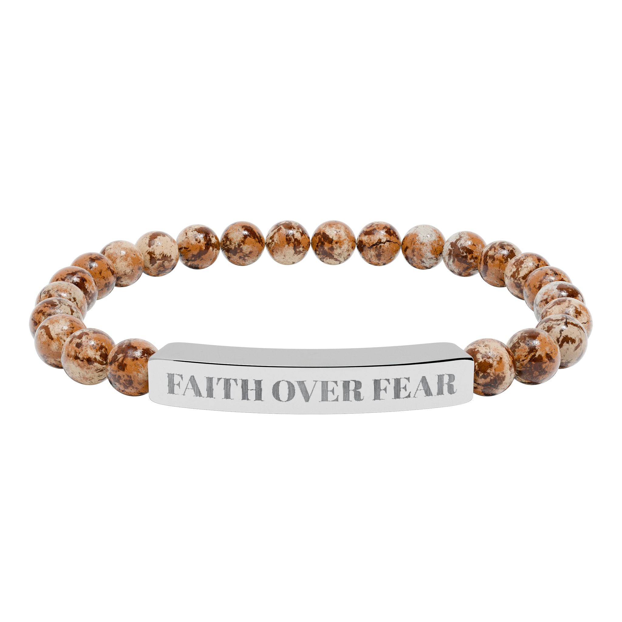 "Faith Over Fear" Engraved Natural Stone Stretch Bracelet — Bar Bead Bracelet