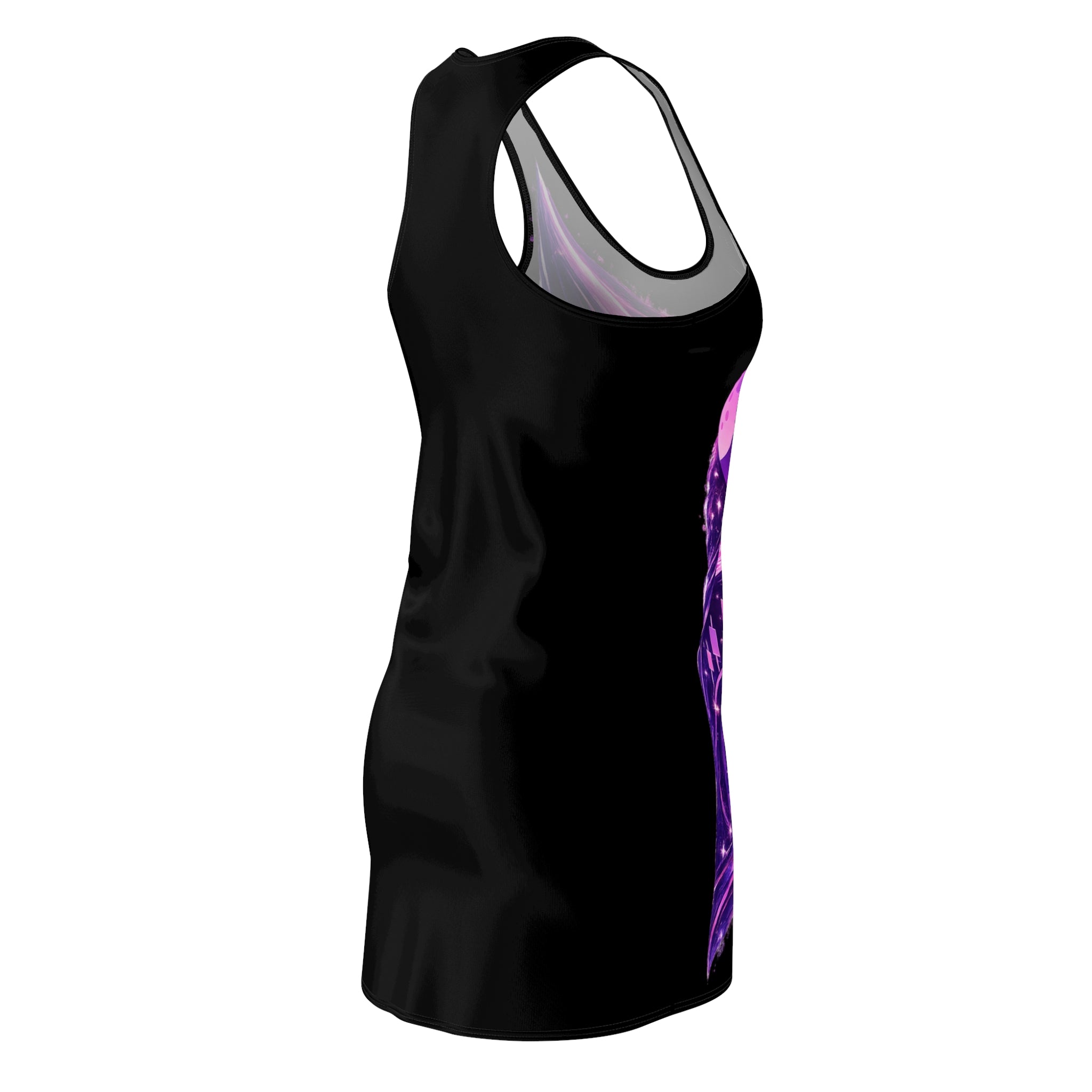 "Bullish Moon" Black Racerback Dress — Purple Cosmic Graphic Dress