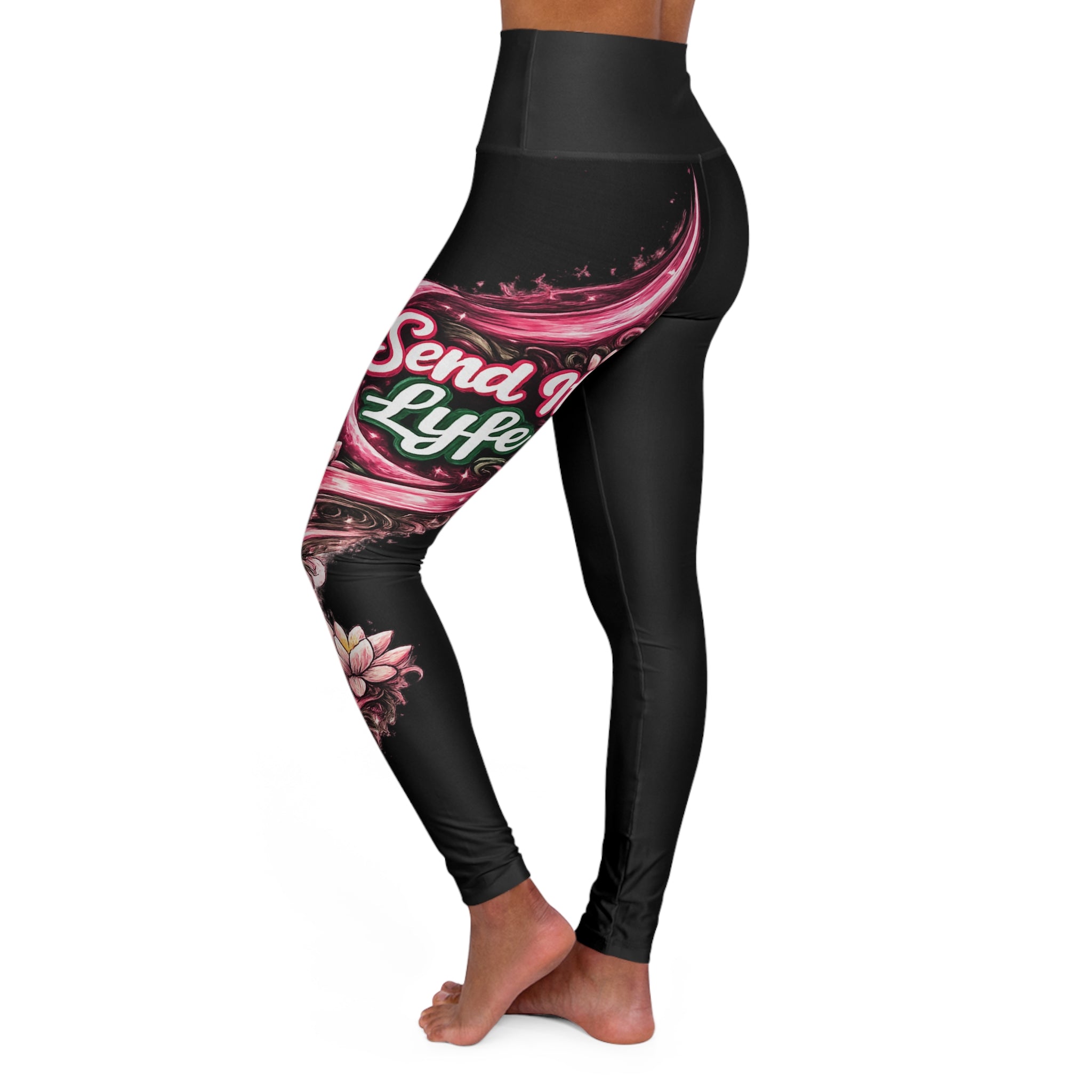 "Send It" Pink Flower Yoga Leggings — High Waist Floral 'Self Love' Side Print
