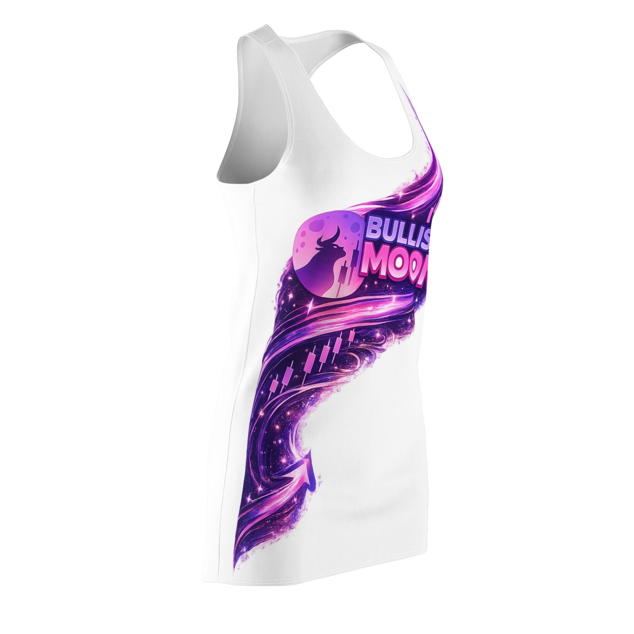 "Bullish Moon" White Racerback Dress — Purple Cosmic Graphic Dress
