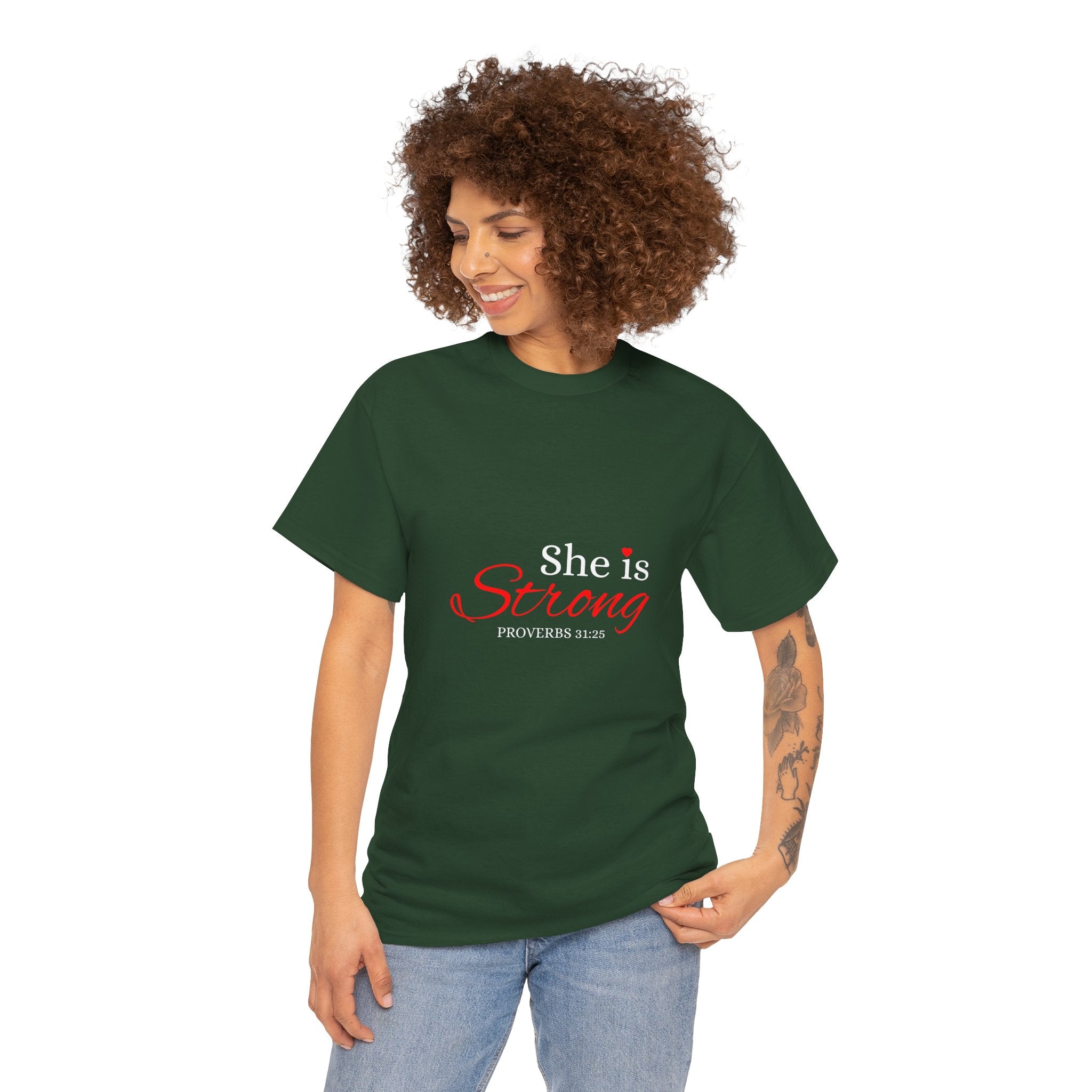 She Is Strong T-Shirt — Inspirational Christian Scripture Tee (Proverbs 31:25)