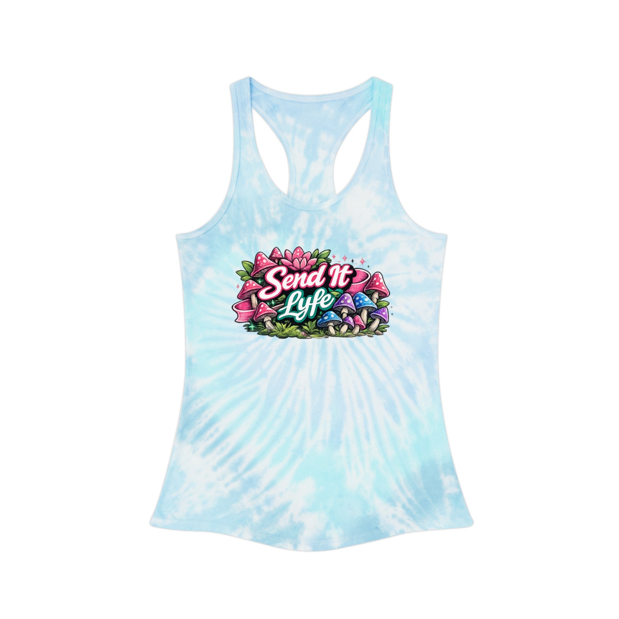 "Send It Lyfe" Tie-Dye Racerback Tank Top — Floral Mushroom Graphic