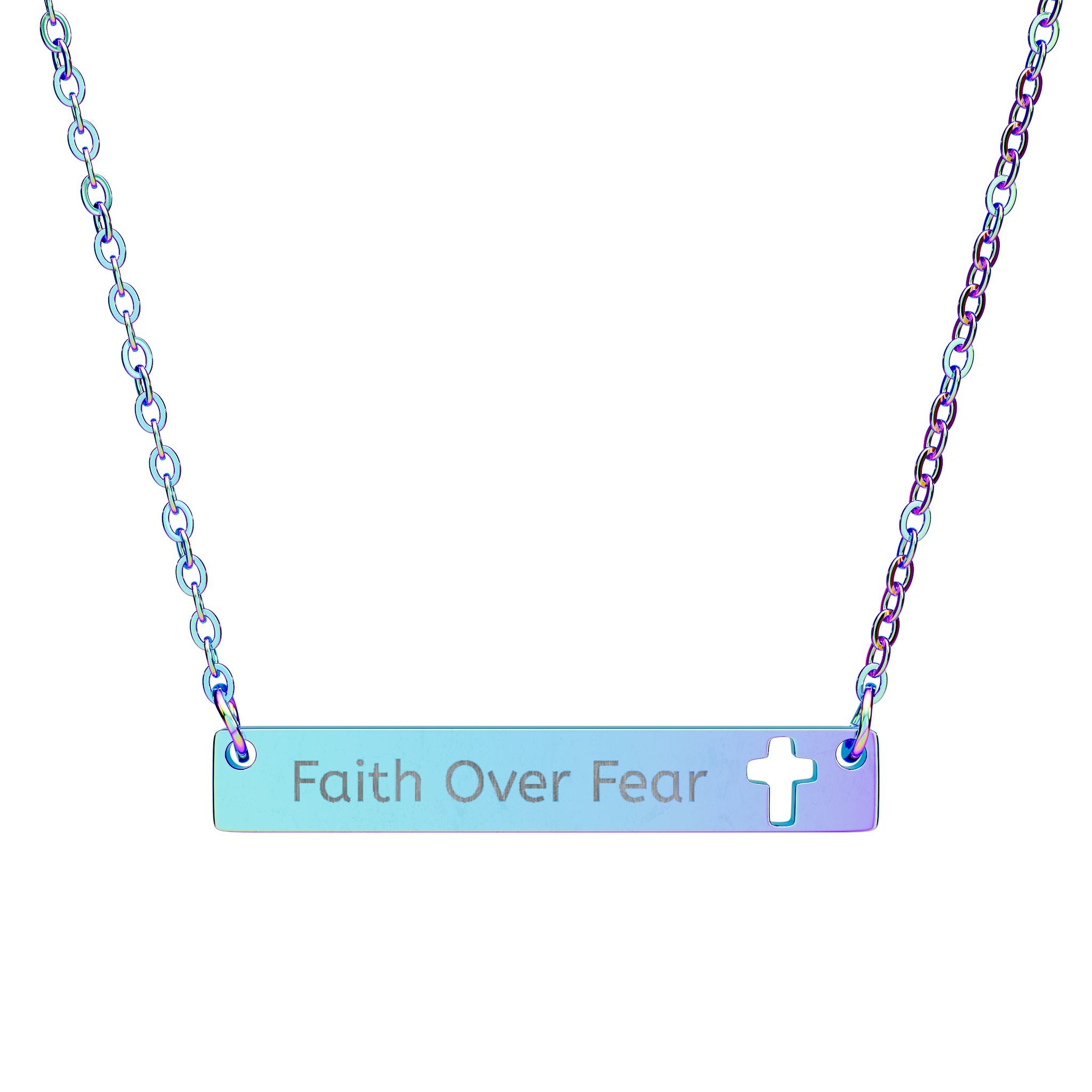 "Faith Over Fear" Cutout Cross Bar Necklace — Engraved Inspirational Pendant