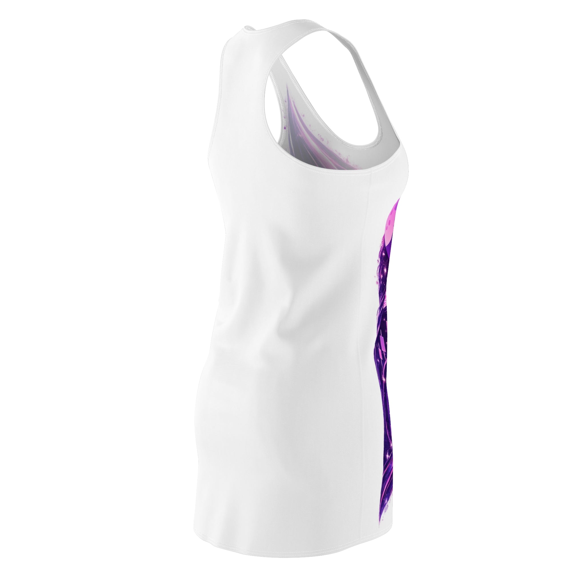 "Bullish Moon" White Racerback Dress — Purple Cosmic Graphic Dress
