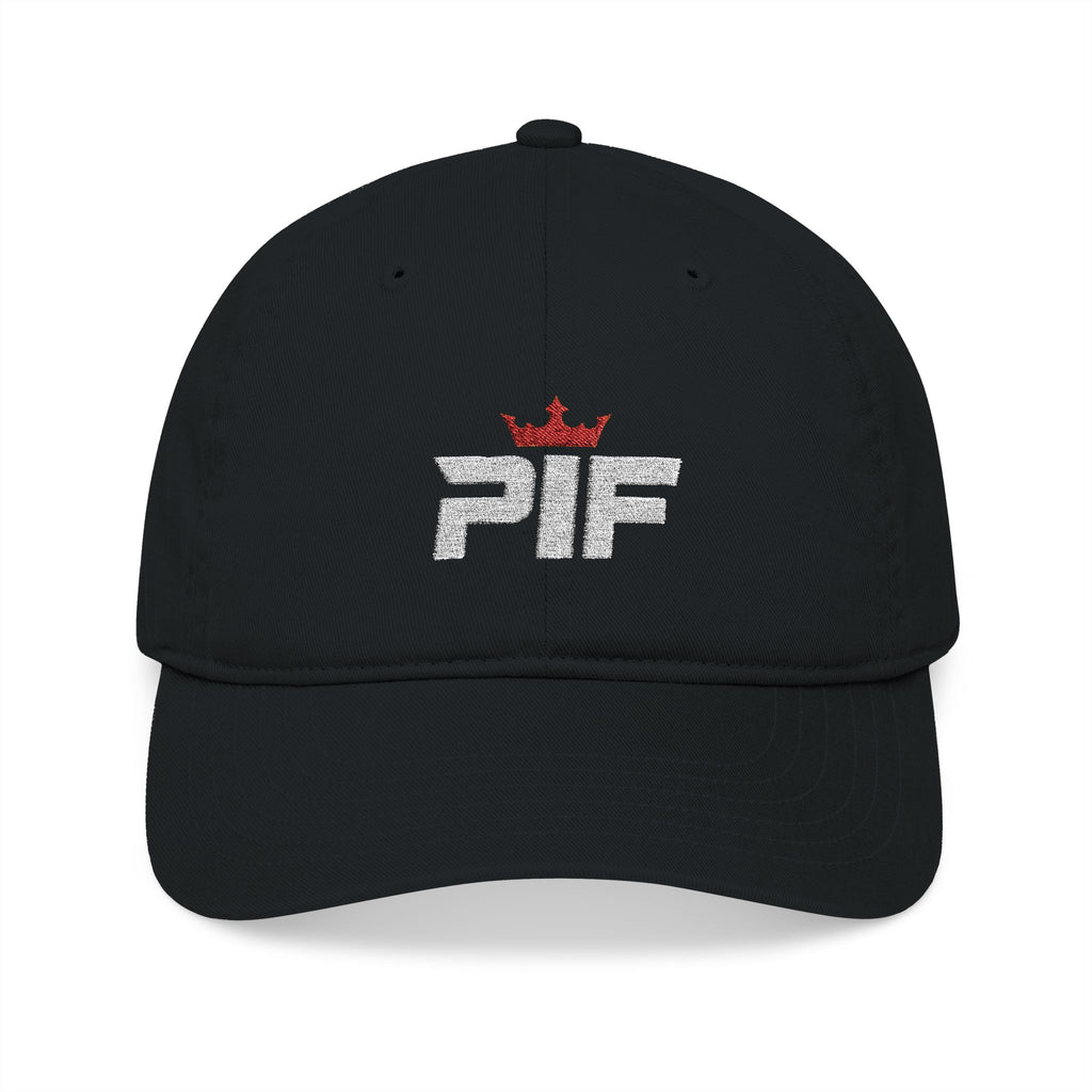 PIF Distressed Logo Embroidered Baseball Cap — Organic Cotton, Crown Accent