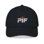 PIF Distressed Logo Embroidered Baseball Cap — Organic Cotton, Crown Accent