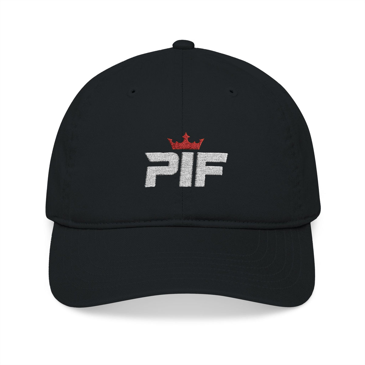 PIF Distressed Logo Embroidered Baseball Cap — Organic Cotton, Crown Accent