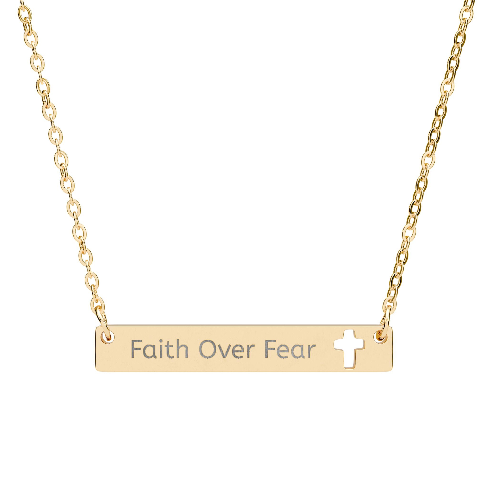 "Faith Over Fear" Cutout Cross Bar Necklace — Engraved Inspirational Pendant