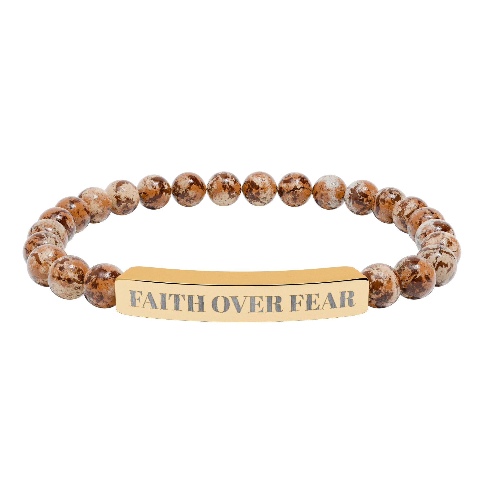 "Faith Over Fear" Engraved Natural Stone Stretch Bracelet — Bar Bead Bracelet