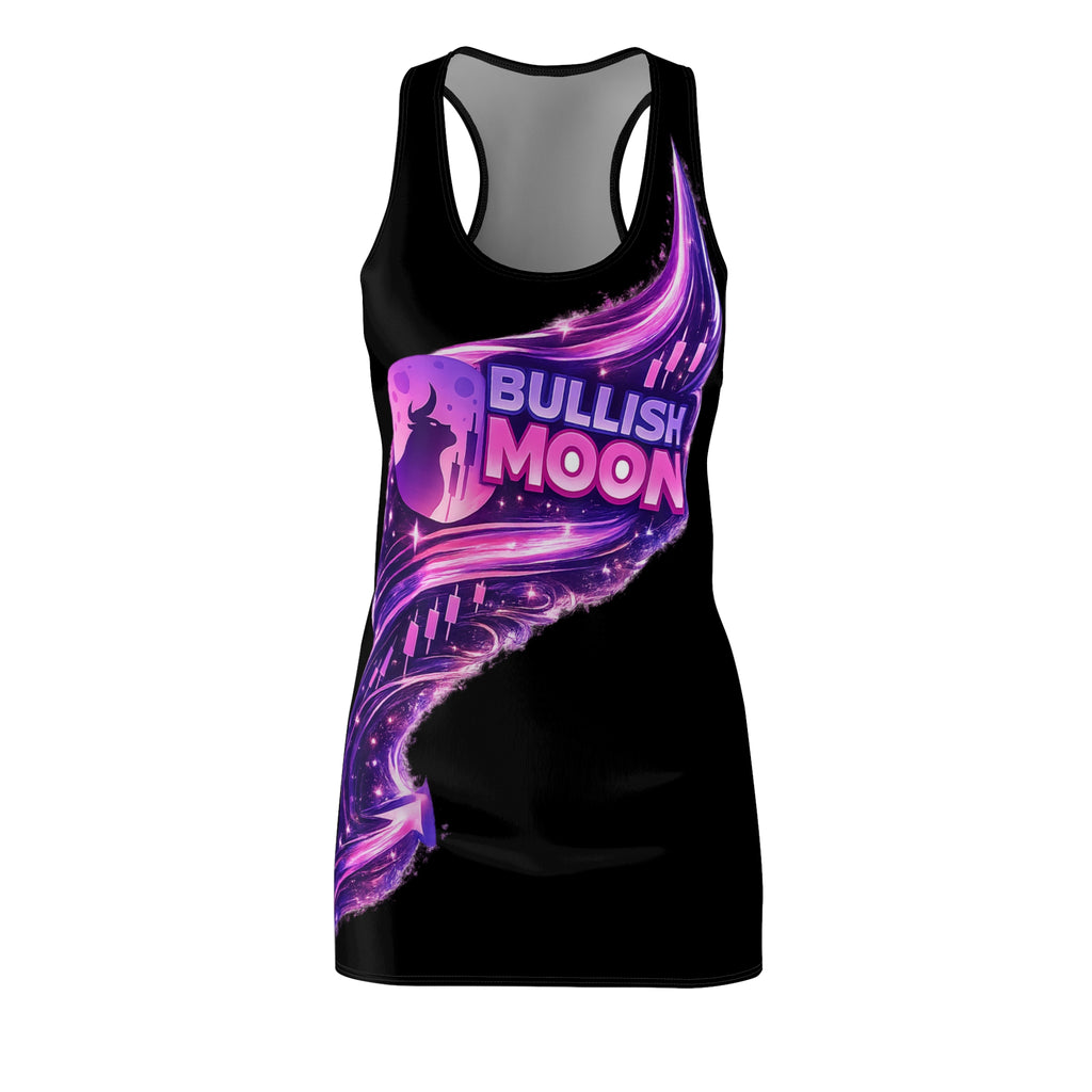 "Bullish Moon" Black Racerback Dress — Purple Cosmic Graphic Dress