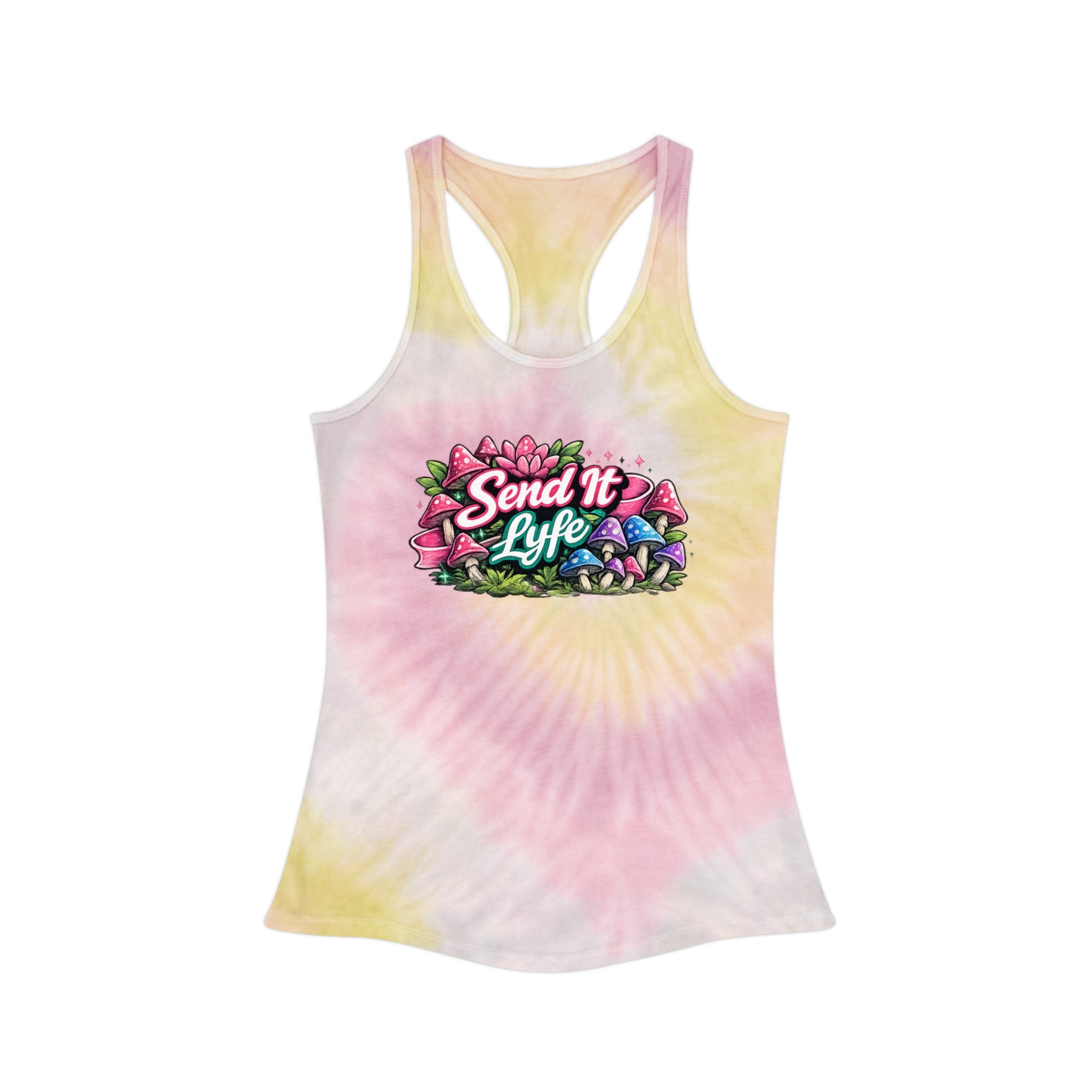 "Send It Lyfe" Tie-Dye Racerback Tank Top — Floral Mushroom Graphic