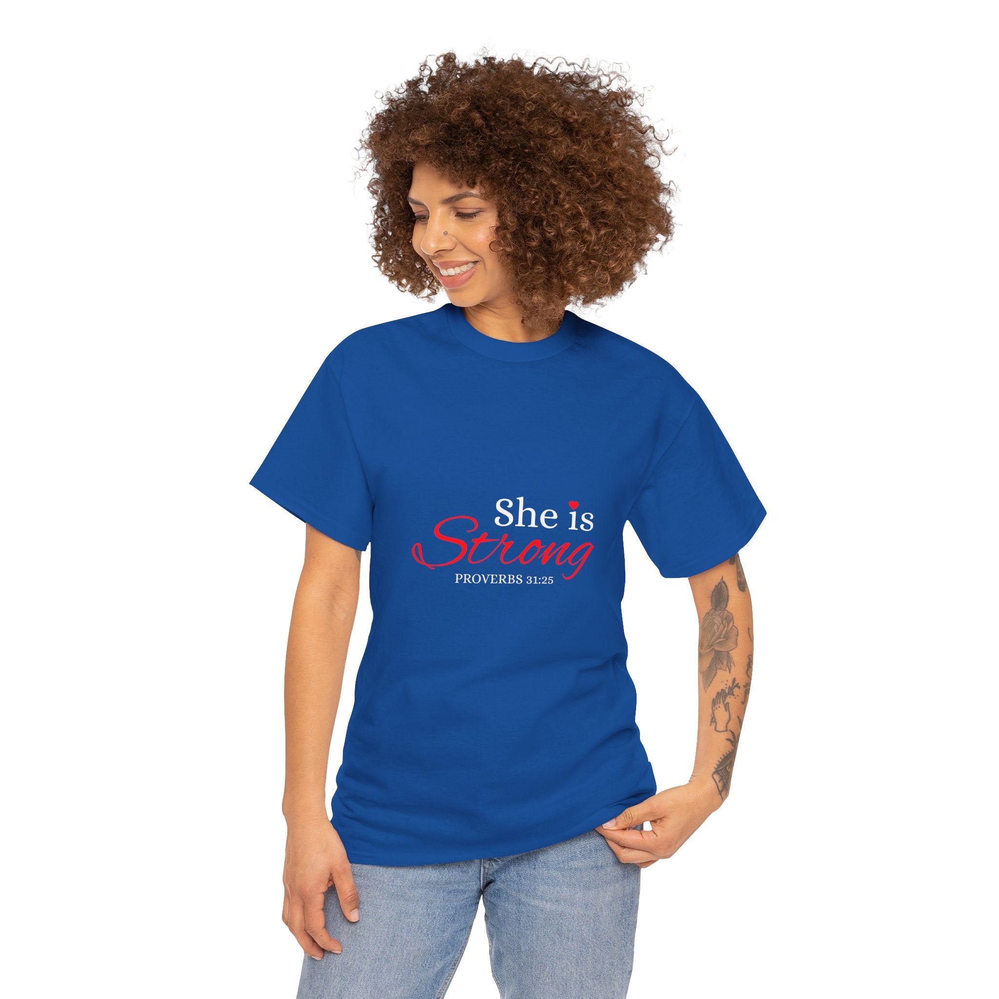 She Is Strong T-Shirt — Inspirational Christian Scripture Tee (Proverbs 31:25)