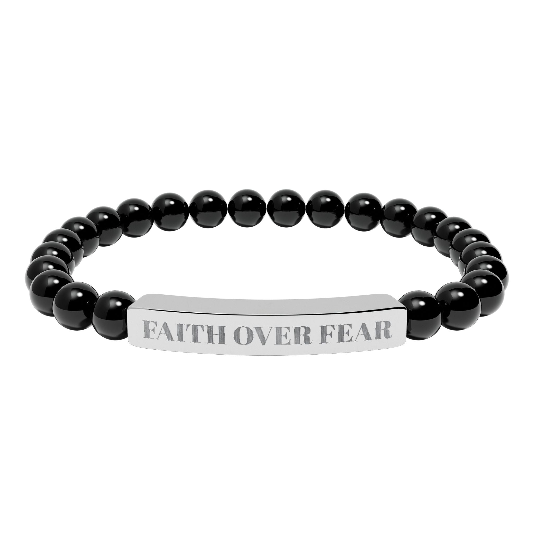 "Faith Over Fear" Engraved Natural Stone Stretch Bracelet — Bar Bead Bracelet