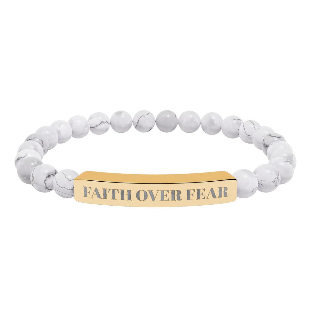"Faith Over Fear" Engraved Natural Stone Stretch Bracelet — Bar Bead Bracelet
