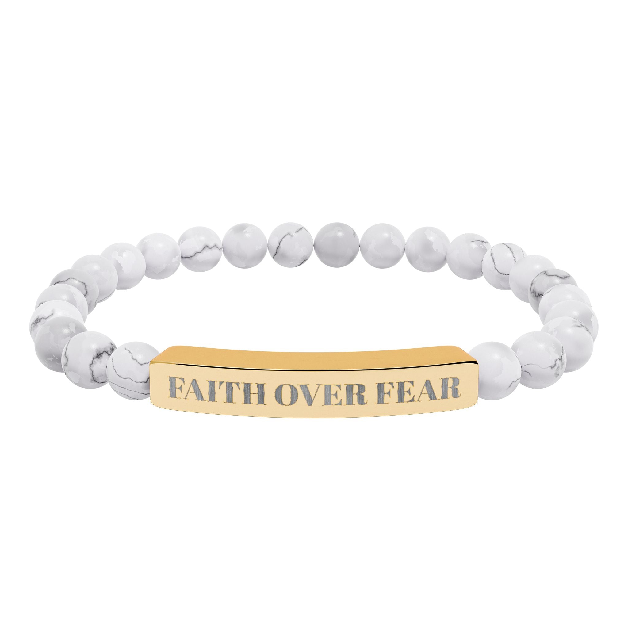 "Faith Over Fear" Engraved Natural Stone Stretch Bracelet — Bar Bead Bracelet