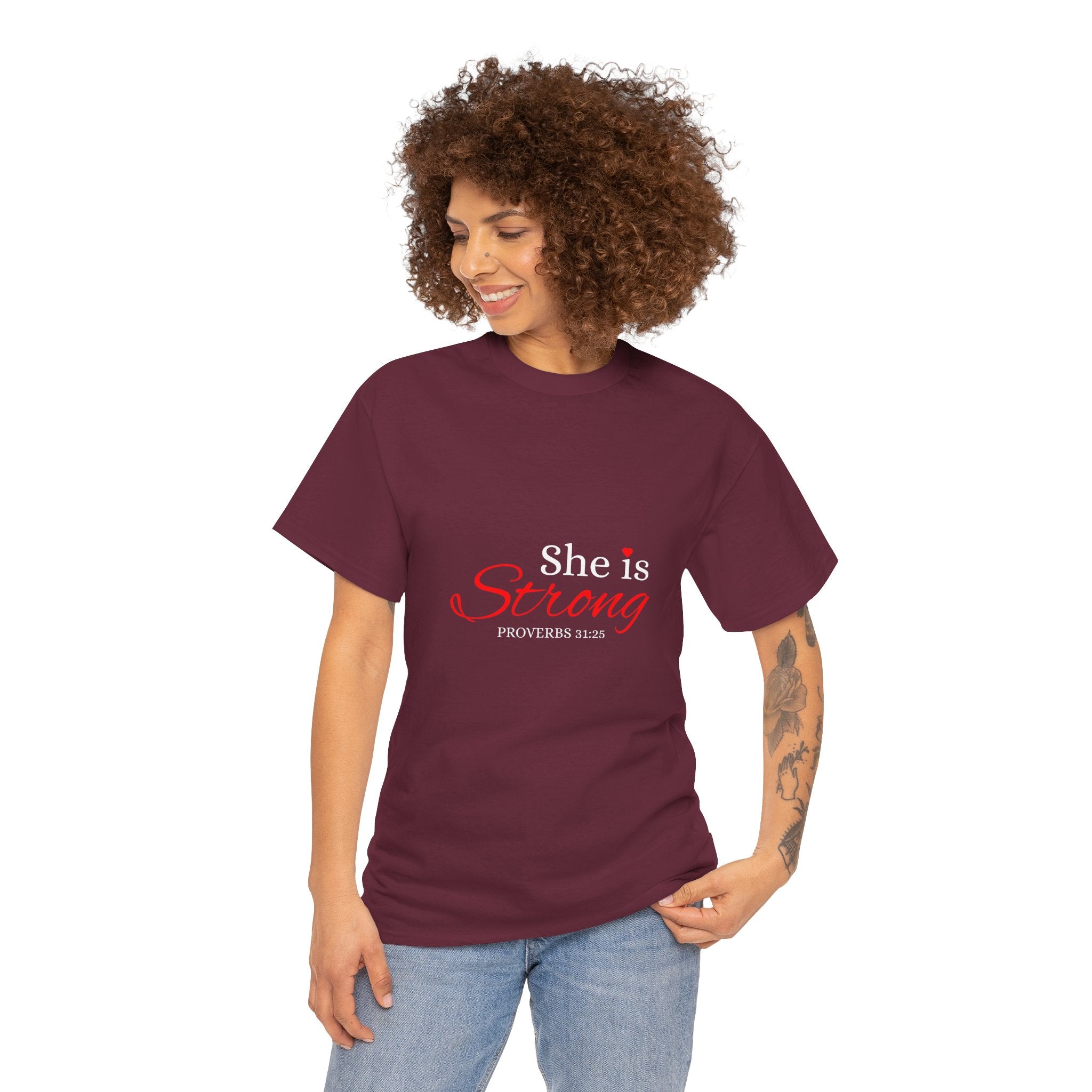 She Is Strong T-Shirt — Inspirational Christian Scripture Tee (Proverbs 31:25)