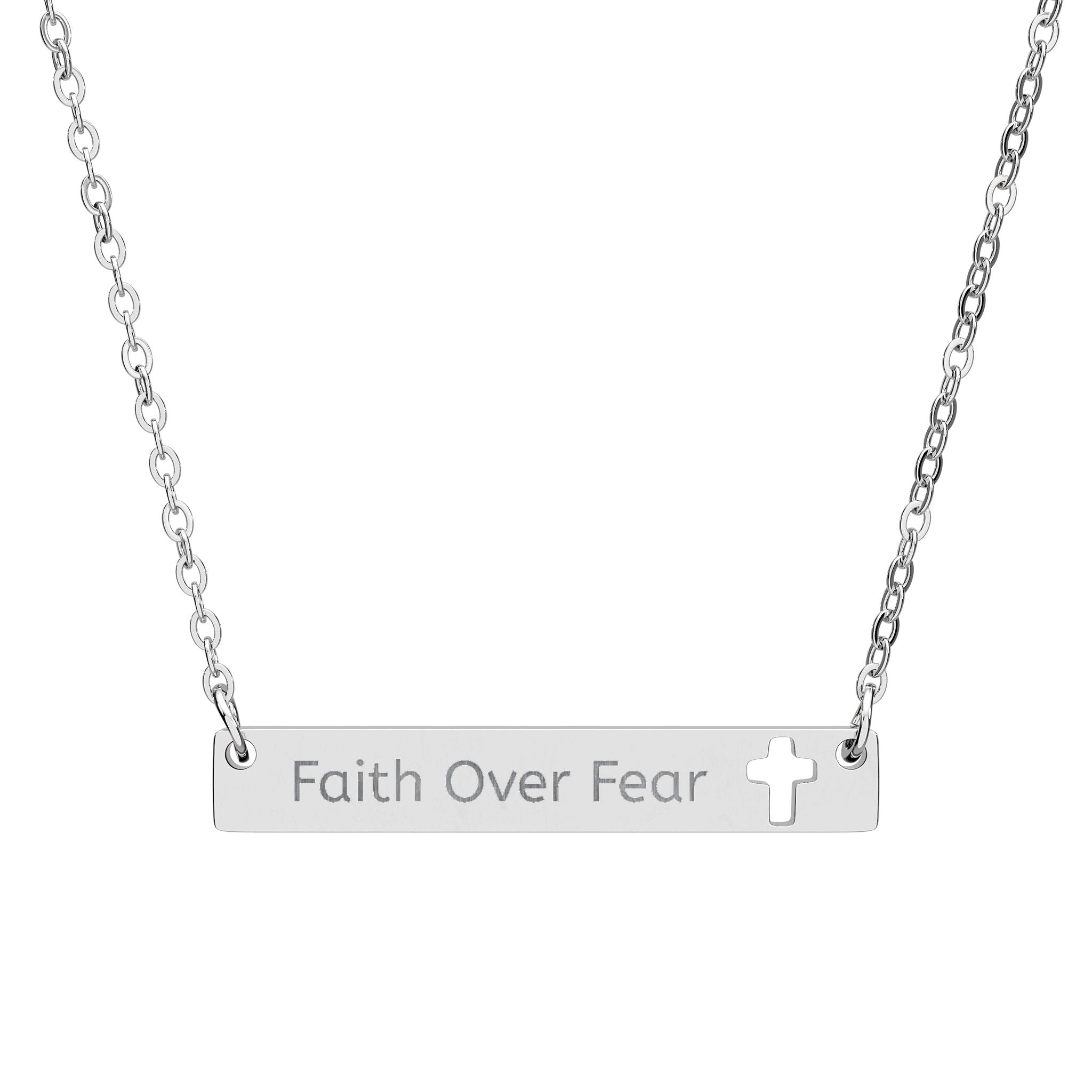 "Faith Over Fear" Cutout Cross Bar Necklace — Engraved Inspirational Pendant