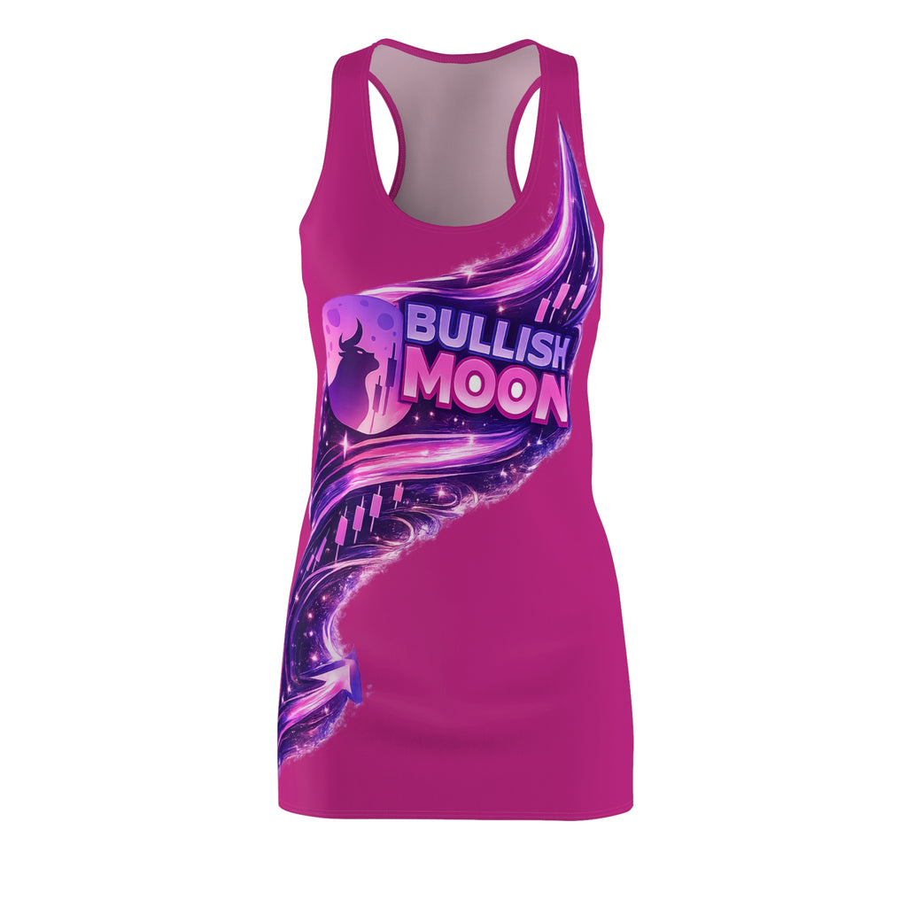 "Bullish Moon" Hot Pink Racerback Dress — Purple Cosmic Graphic Dress