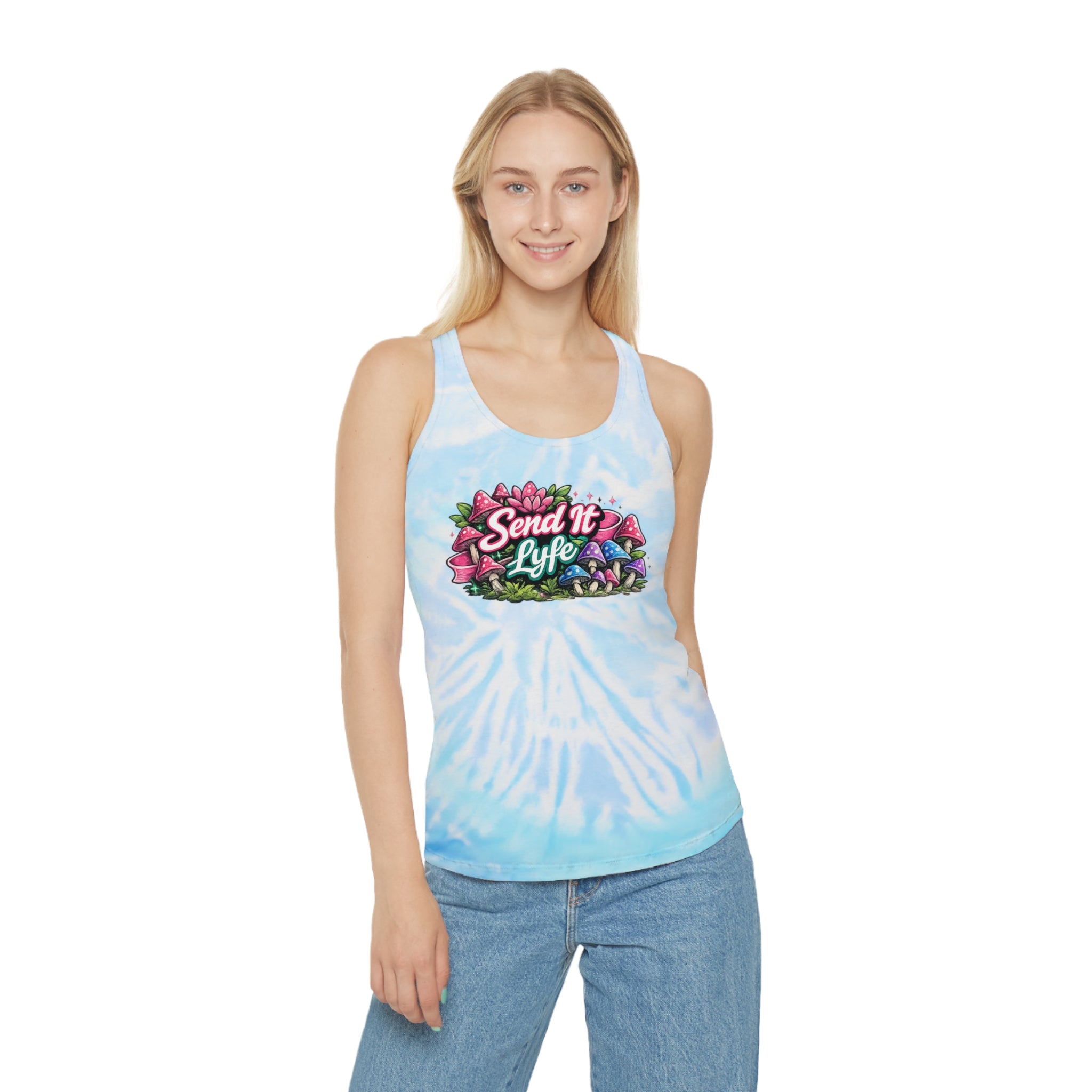 "Send It Lyfe" Tie-Dye Racerback Tank Top — Floral Mushroom Graphic