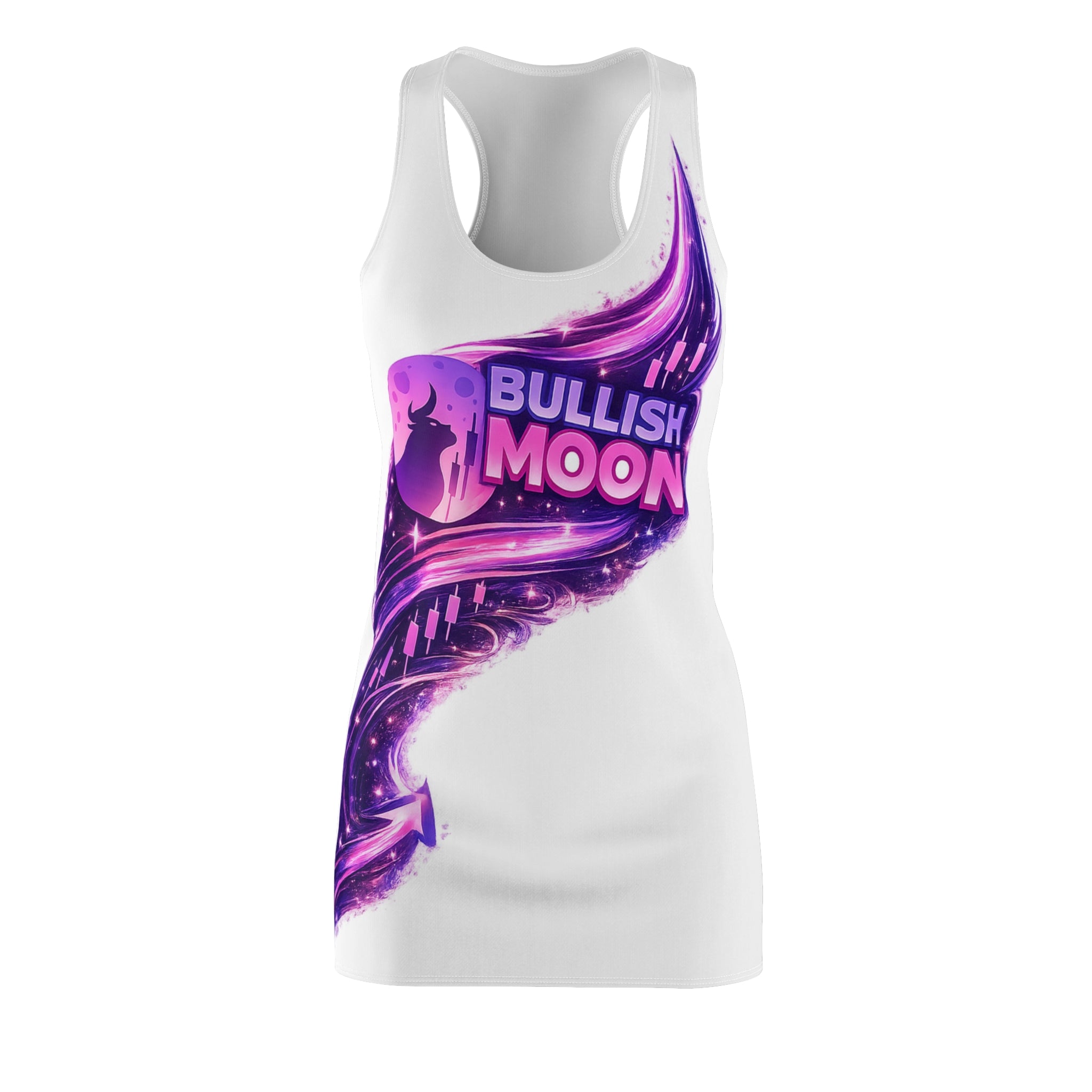 "Bullish Moon" White Racerback Dress — Purple Cosmic Graphic Dress