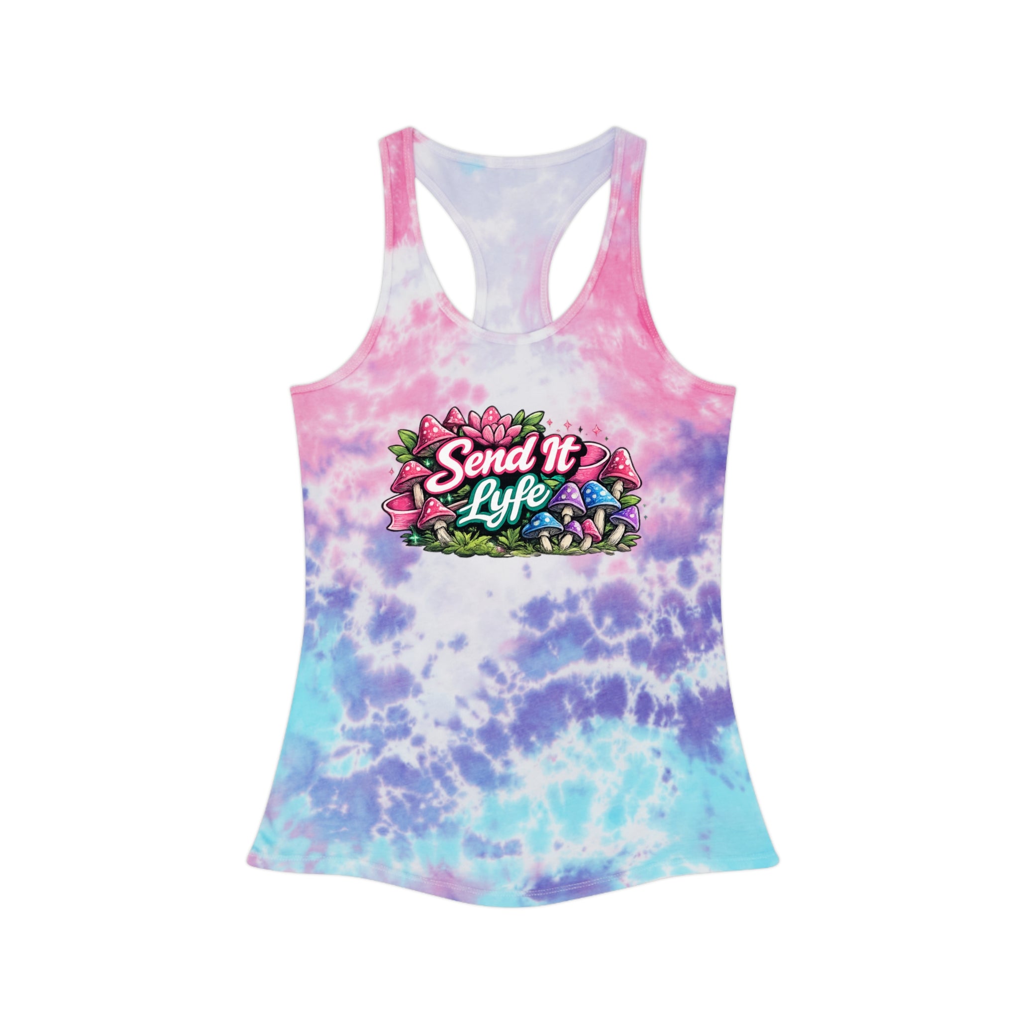 "Send It Lyfe" Tie-Dye Racerback Tank Top — Floral Mushroom Graphic