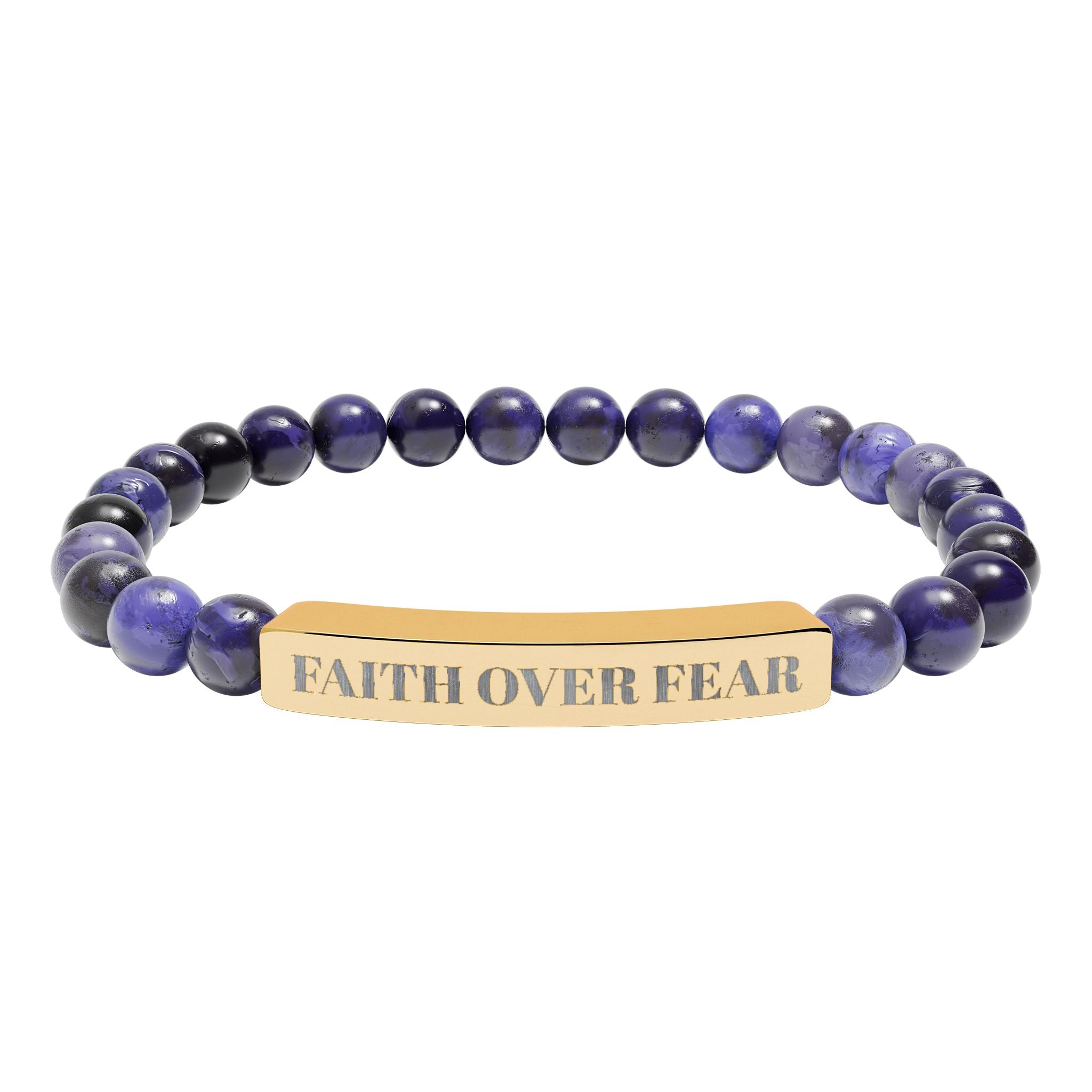 "Faith Over Fear" Engraved Natural Stone Stretch Bracelet — Bar Bead Bracelet