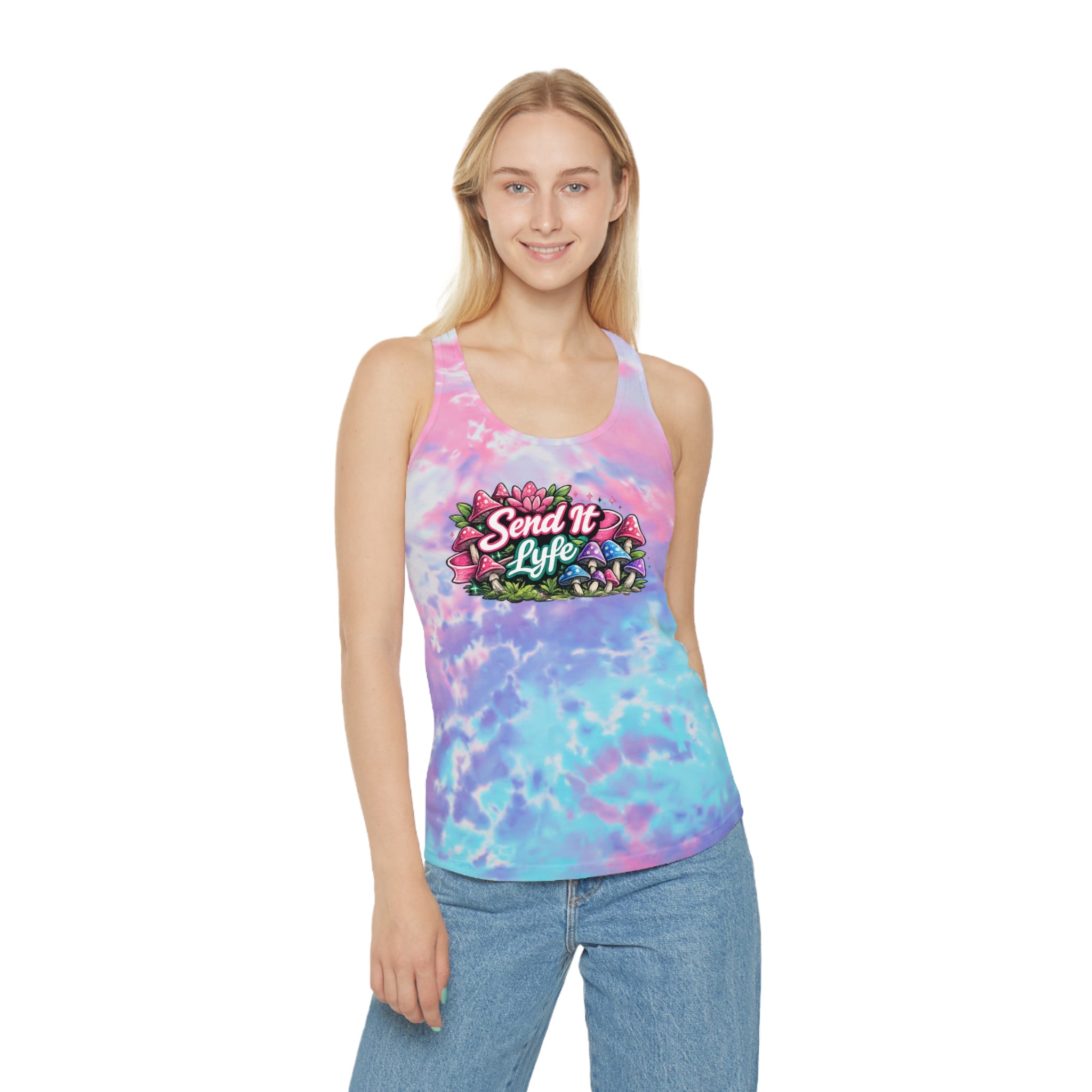"Send It Lyfe" Tie-Dye Racerback Tank Top — Floral Mushroom Graphic