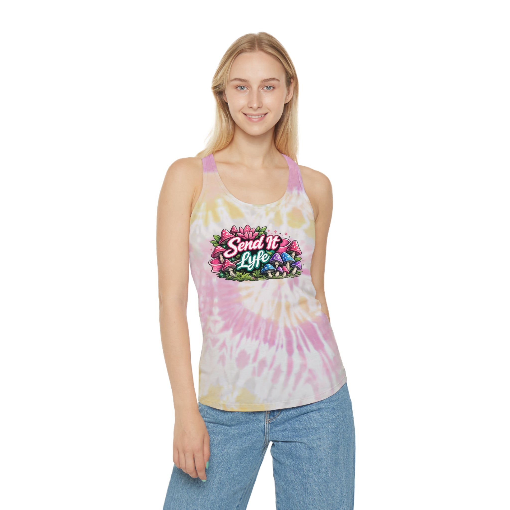 "Send It Lyfe" Tie-Dye Racerback Tank Top — Floral Mushroom Graphic
