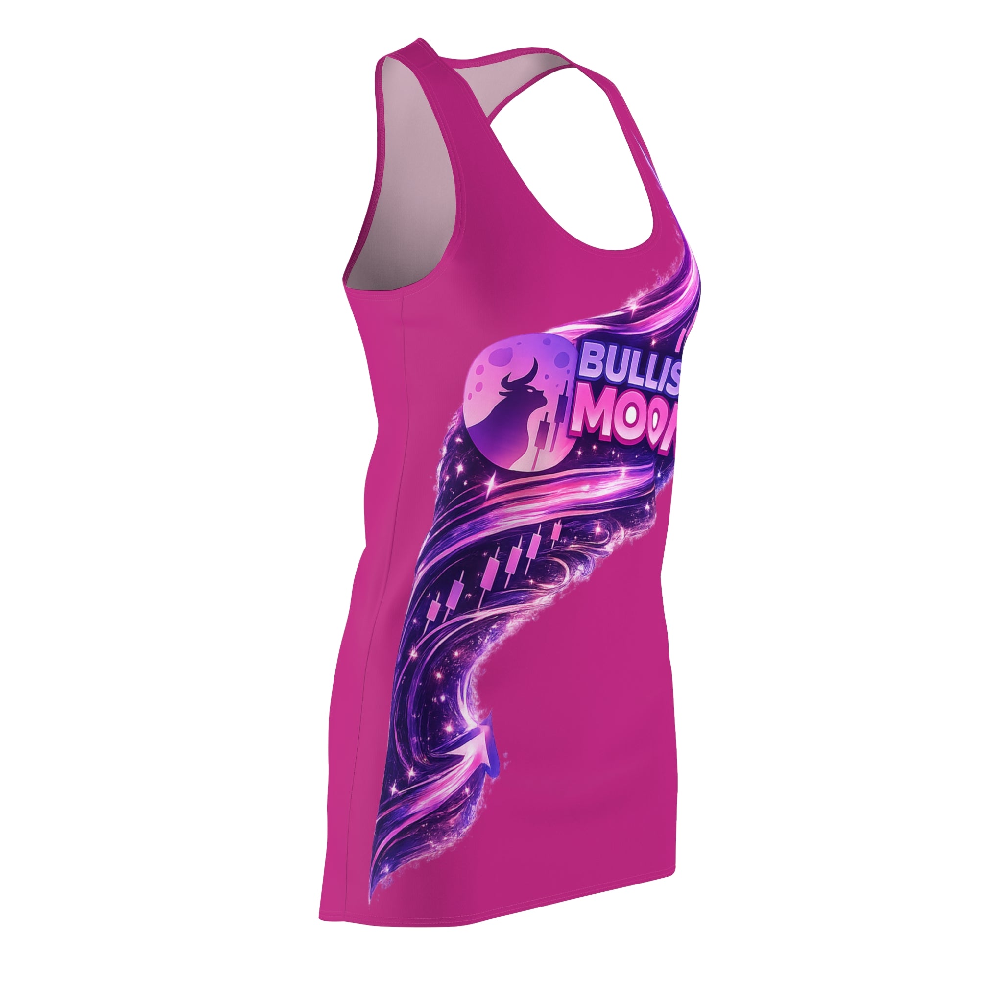 "Bullish Moon" Hot Pink Racerback Dress — Purple Cosmic Graphic Dress