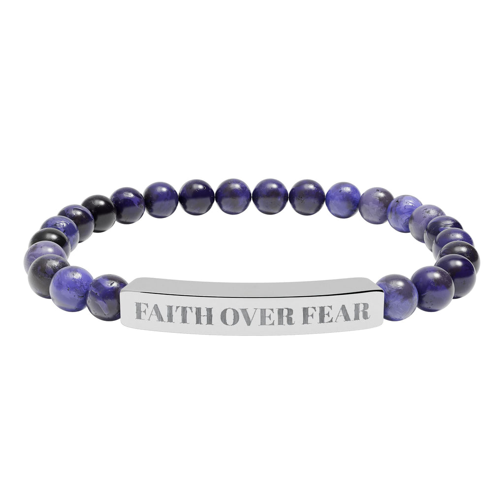 "Faith Over Fear" Engraved Natural Stone Stretch Bracelet — Bar Bead Bracelet