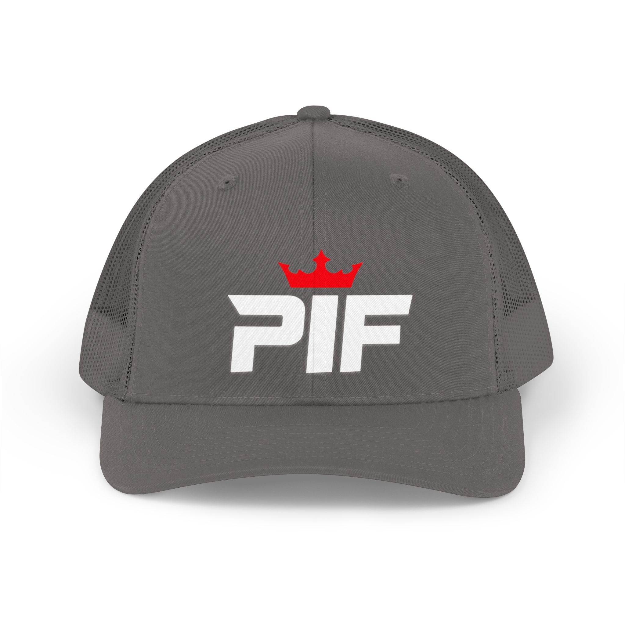 PIF Crown Retro Trucker Hat — Vintage Mesh Cap with Bold Logo
