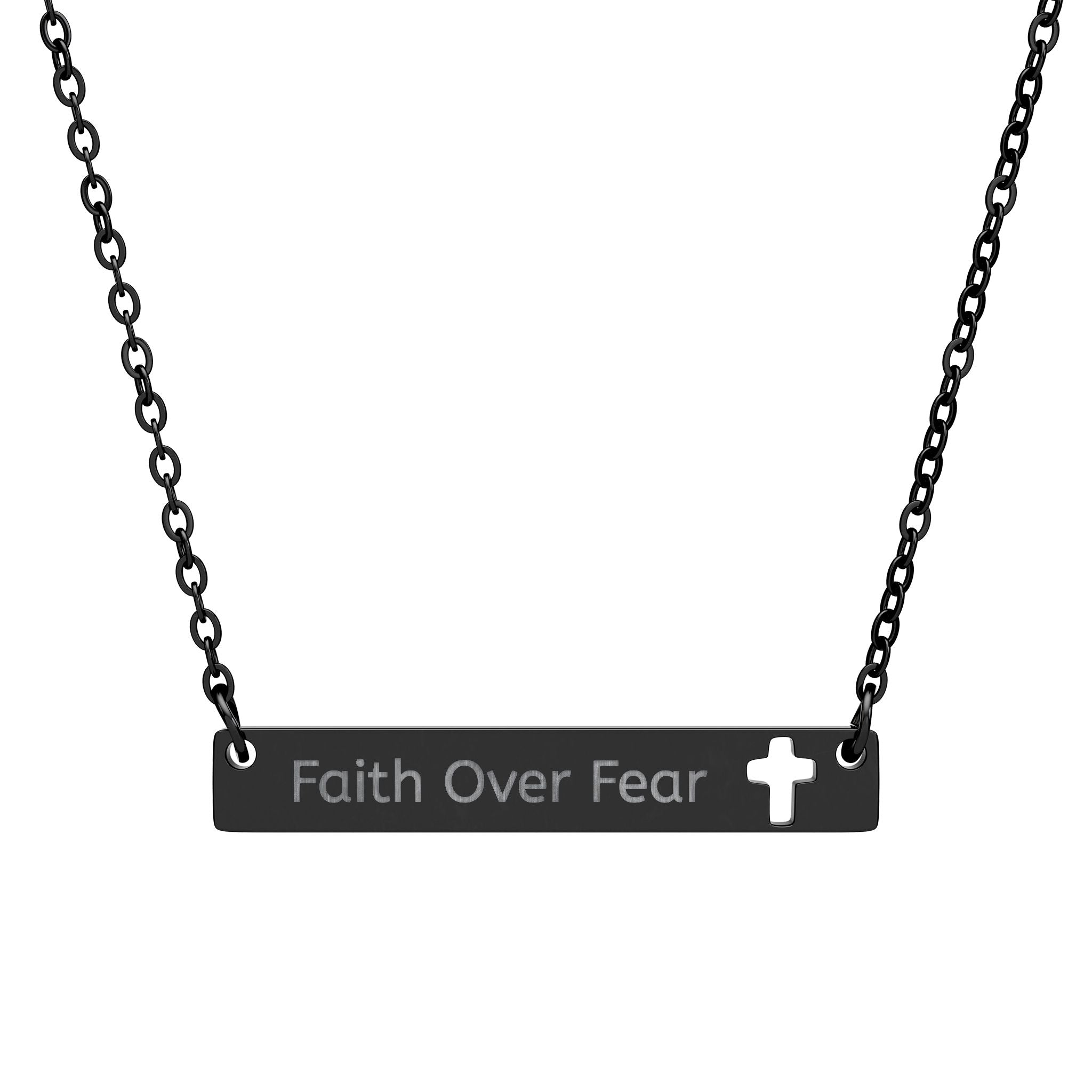 "Faith Over Fear" Cutout Cross Bar Necklace — Engraved Inspirational Pendant