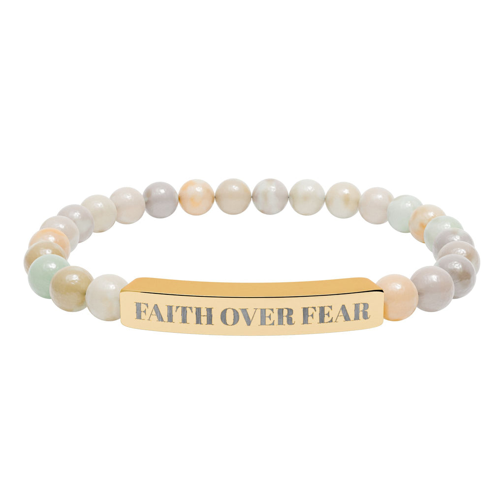 "Faith Over Fear" Engraved Natural Stone Stretch Bracelet — Bar Bead Bracelet