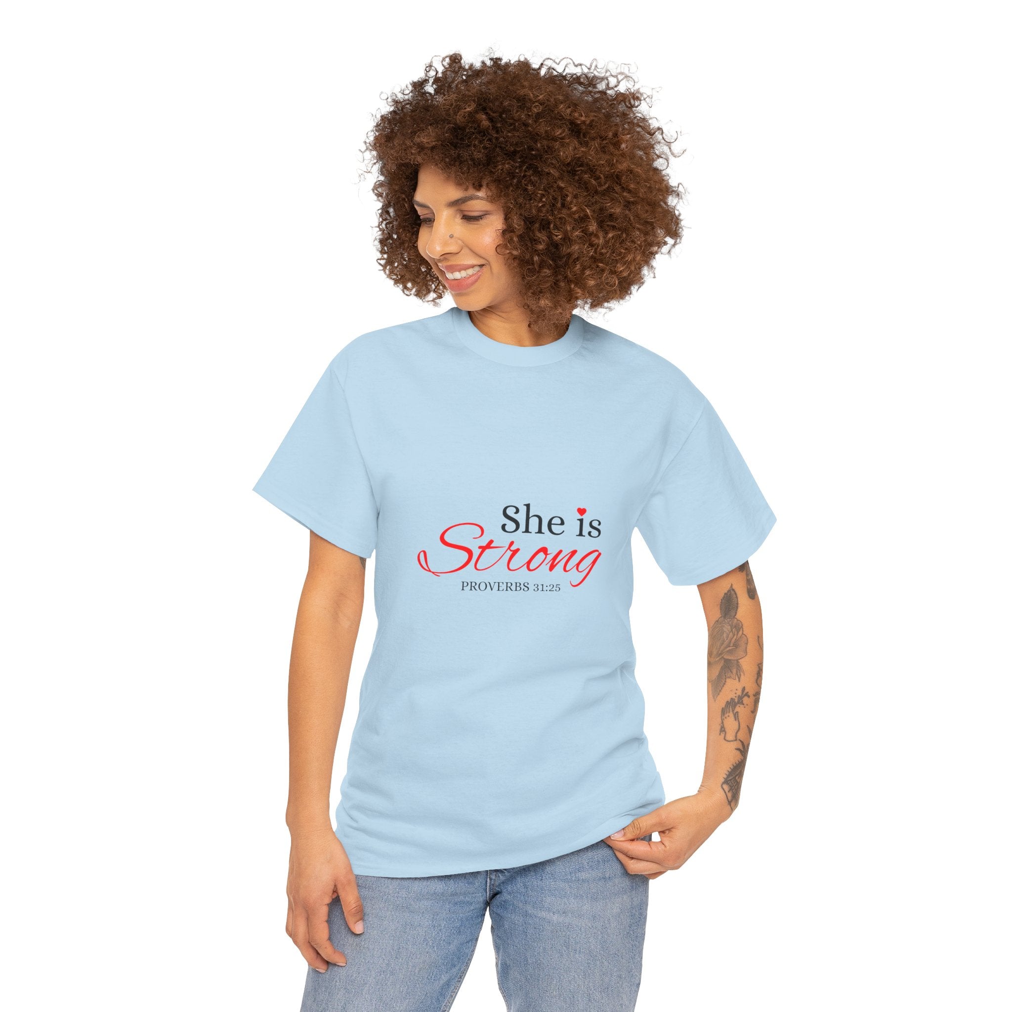 She Is Strong T-Shirt — Inspirational Christian Scripture Tee (Proverbs 31:25)