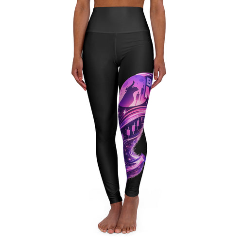 "Bullish Moon" High-Waist Yoga Leggings — Purple Galaxy Moon Print