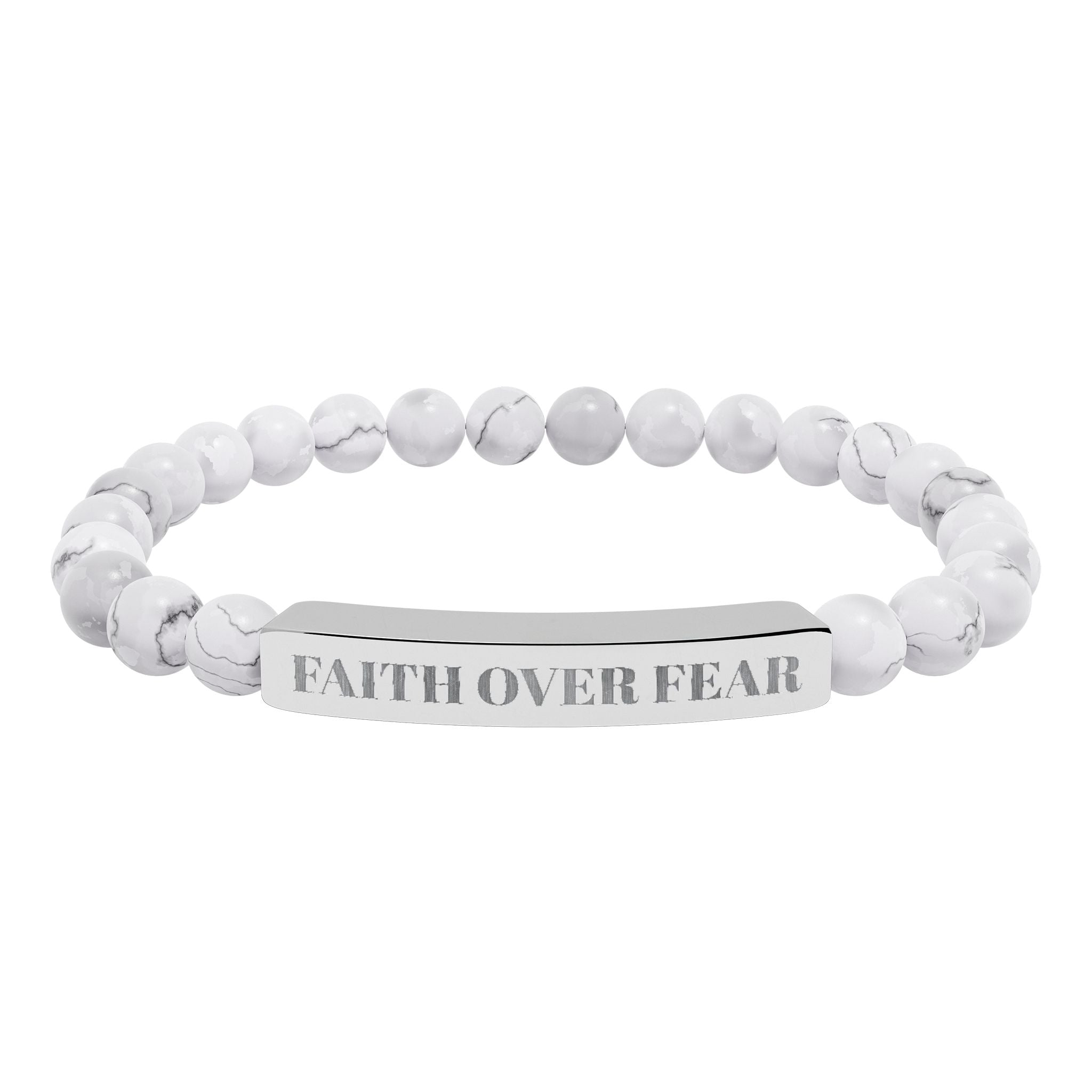 "Faith Over Fear" Engraved Natural Stone Stretch Bracelet — Bar Bead Bracelet