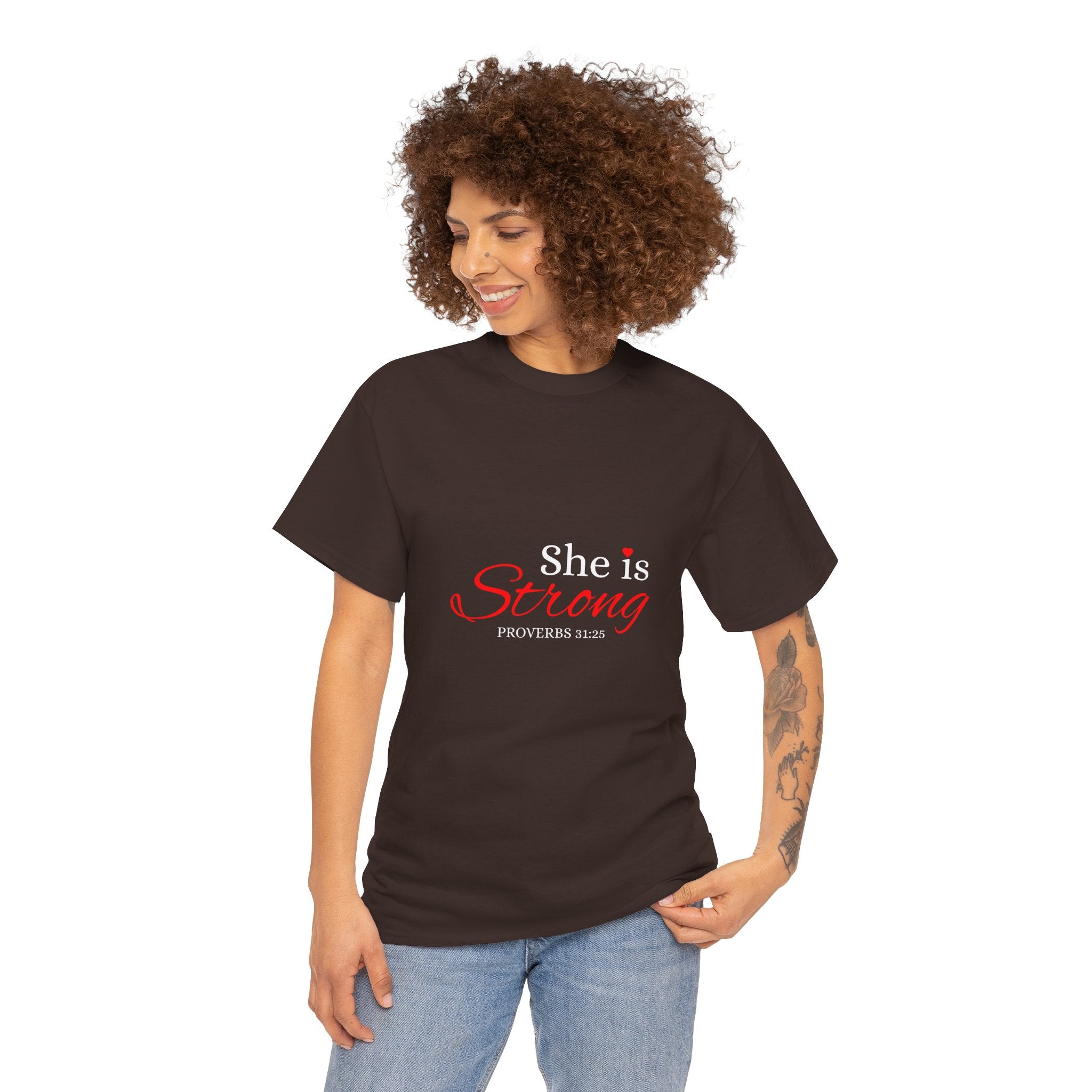 She Is Strong T-Shirt — Inspirational Christian Scripture Tee (Proverbs 31:25)