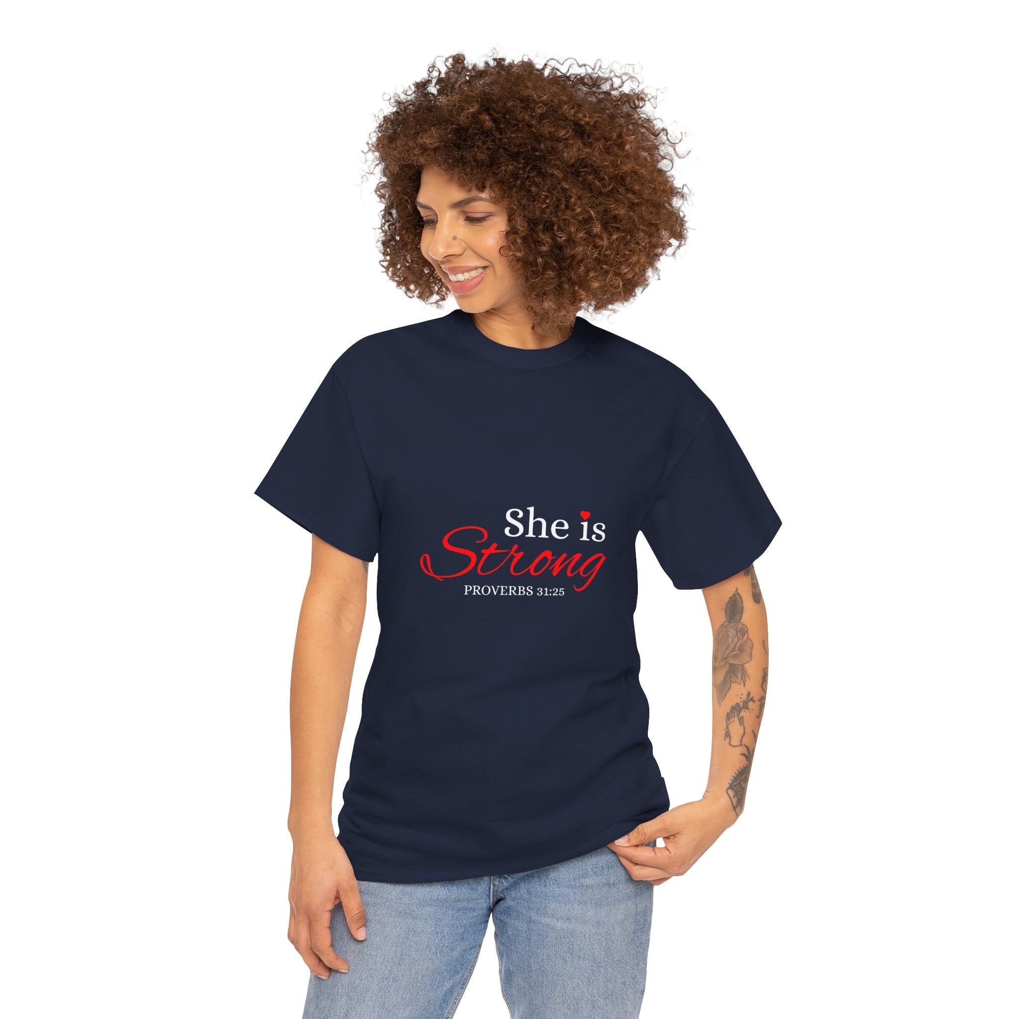 She Is Strong T-Shirt — Inspirational Christian Scripture Tee (Proverbs 31:25)