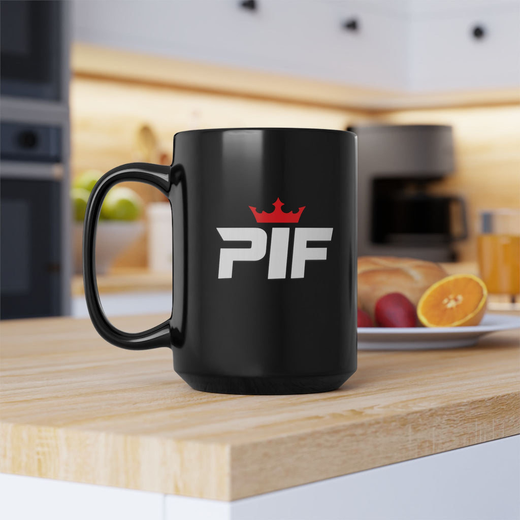 Black 15oz Mug — Bold 'PIF' Crown Logo Coffee Cup
