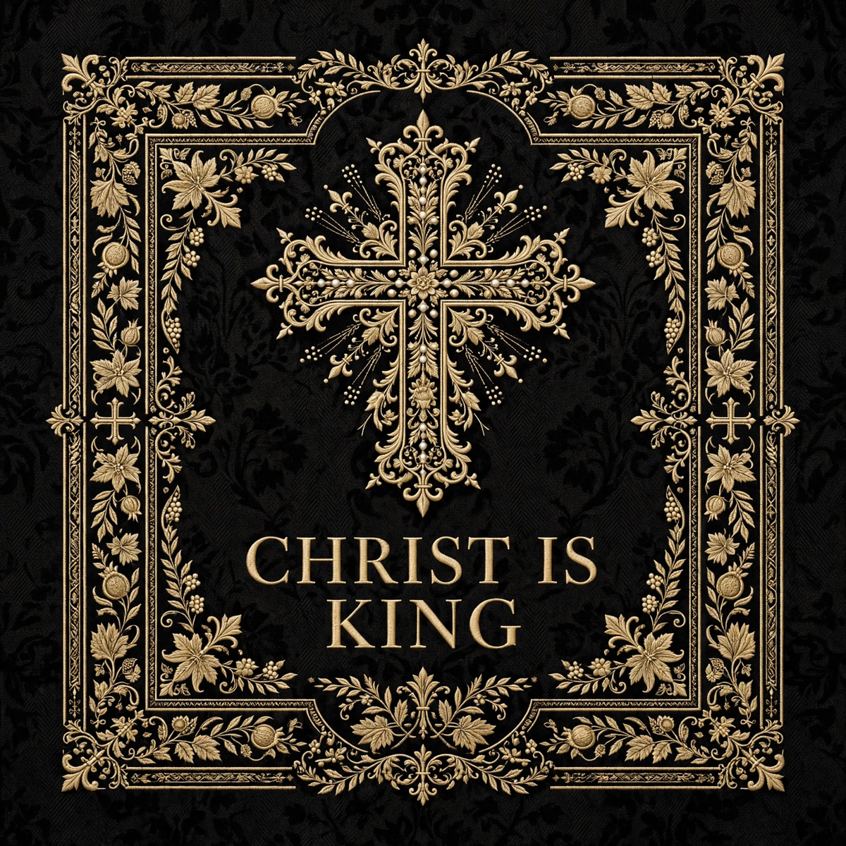 Ornate gold cross with Christ Is King text on black